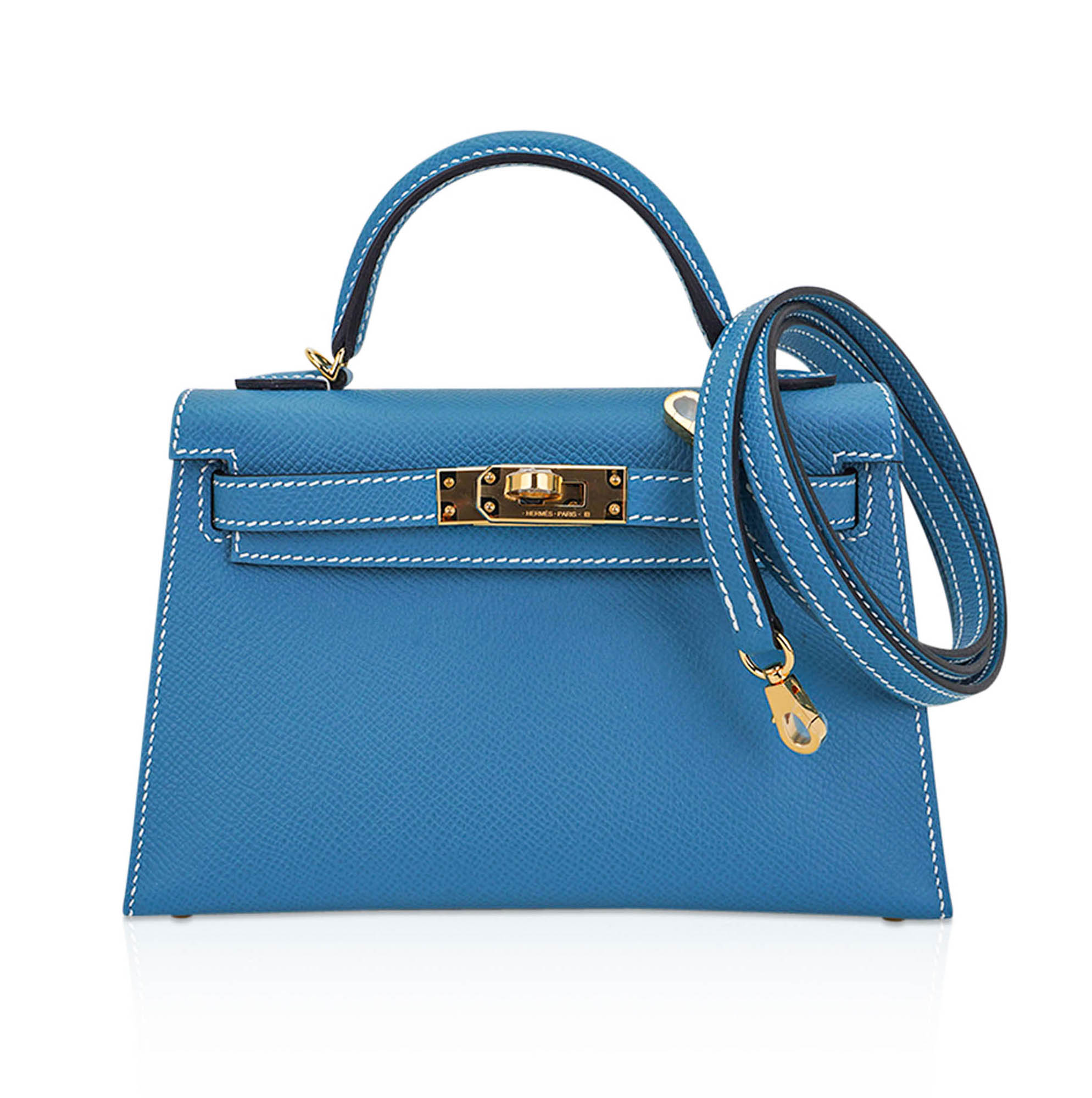 👜Mini Kelly 20 Bag Sellier New Blue Jean Epsom Leather with Gold Hardware