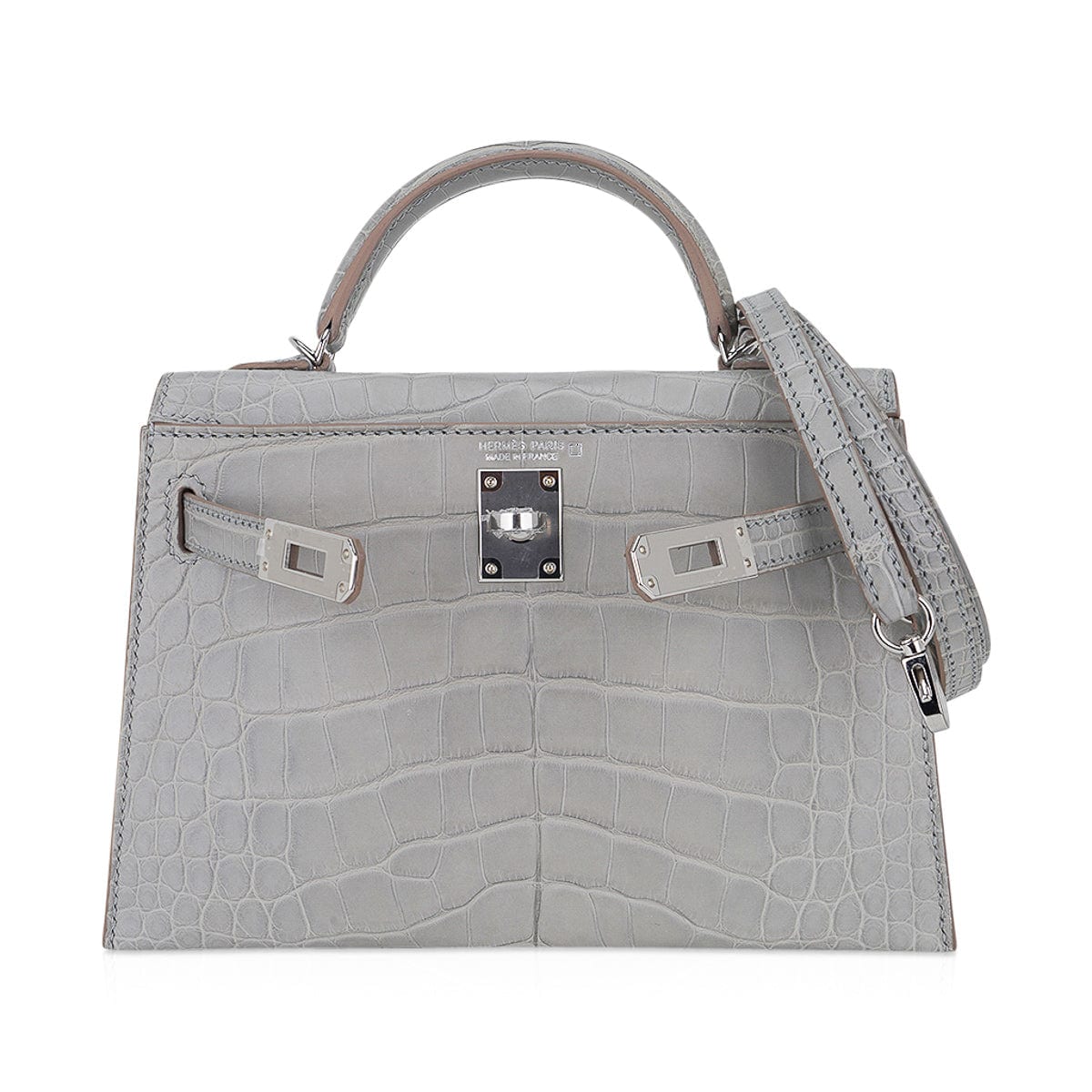 👜Limited Edition Mini Kelly 20 Sellier Matte Gris Perle Alligator Bag Palladium Hardware