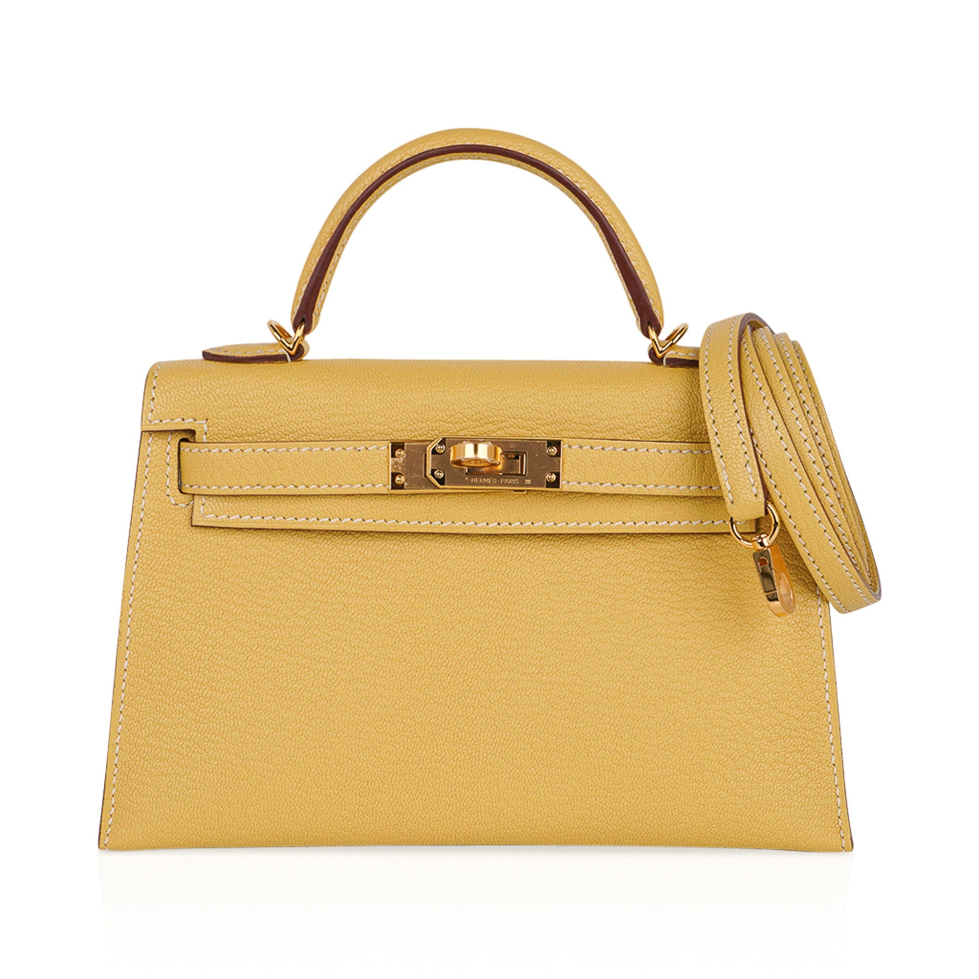 👜Mini Kelly 20 Sellier Jaune Foin Bag Chevre Gold