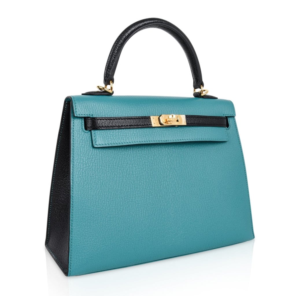 👜Kelly 25 Sellier Bag HSS Blue Paon / Black Chevre Mysore Gold Hardware