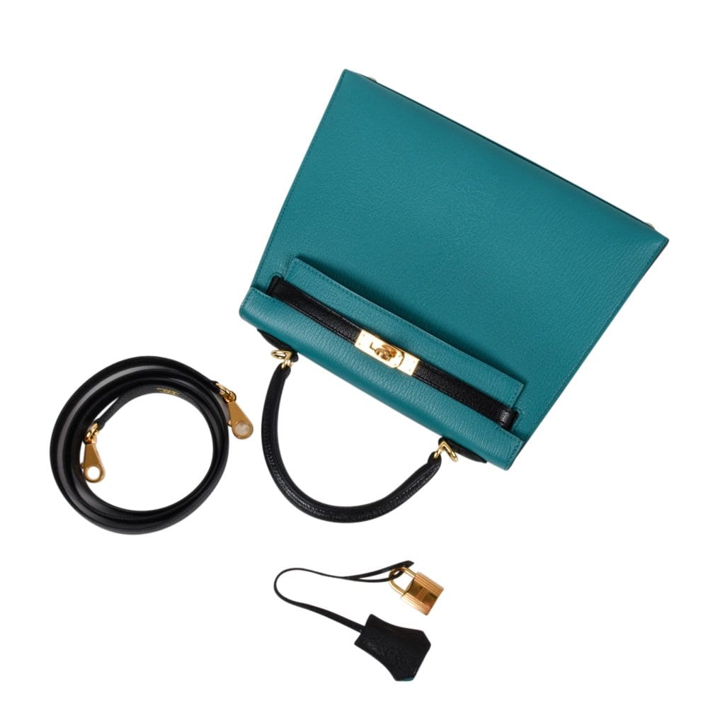 👜Kelly 25 Sellier Bag HSS Blue Paon / Black Chevre Mysore Gold Hardware