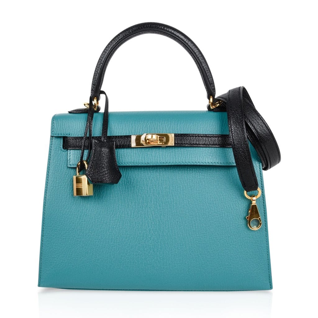 👜Kelly 25 Sellier Bag HSS Blue Paon / Black Chevre Mysore Gold Hardware