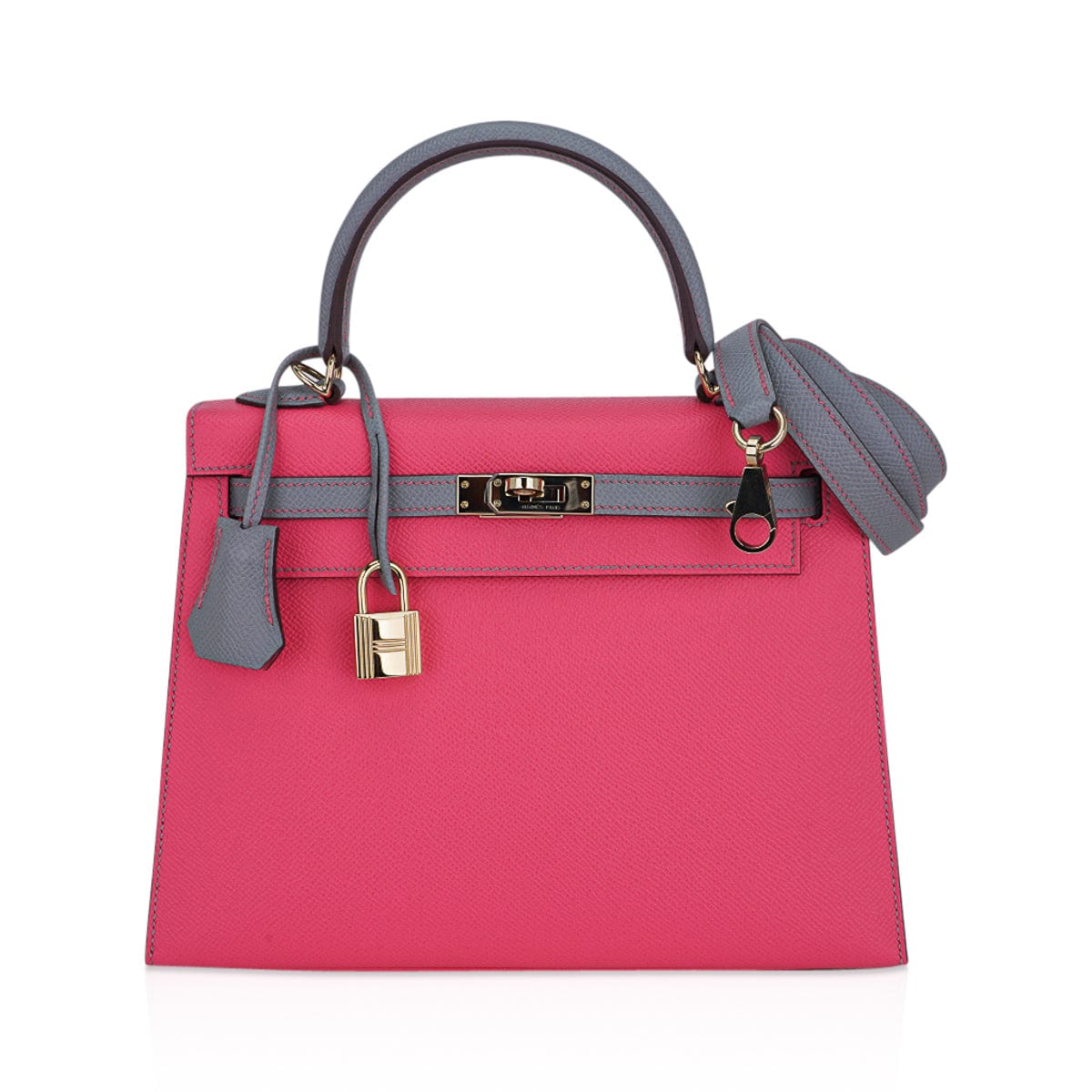 👜Kelly Sellier 25 HSS Bag Rose Azalee/Gris Mouette Leather Permabrass