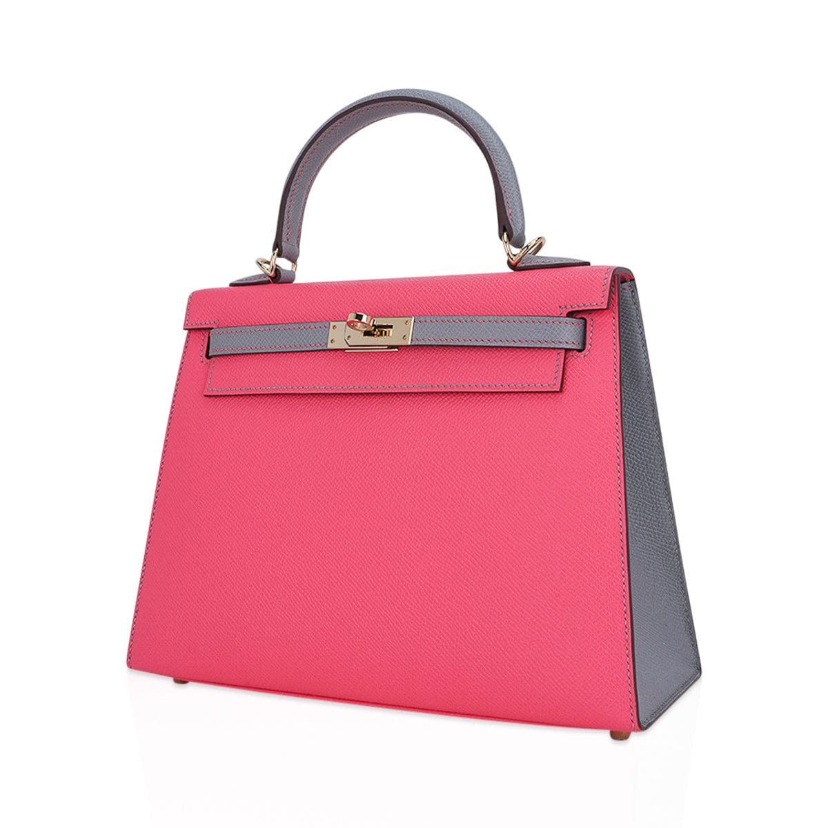 👜Kelly Sellier 25 HSS Bag Rose Azalee/Gris Mouette Leather Permabrass