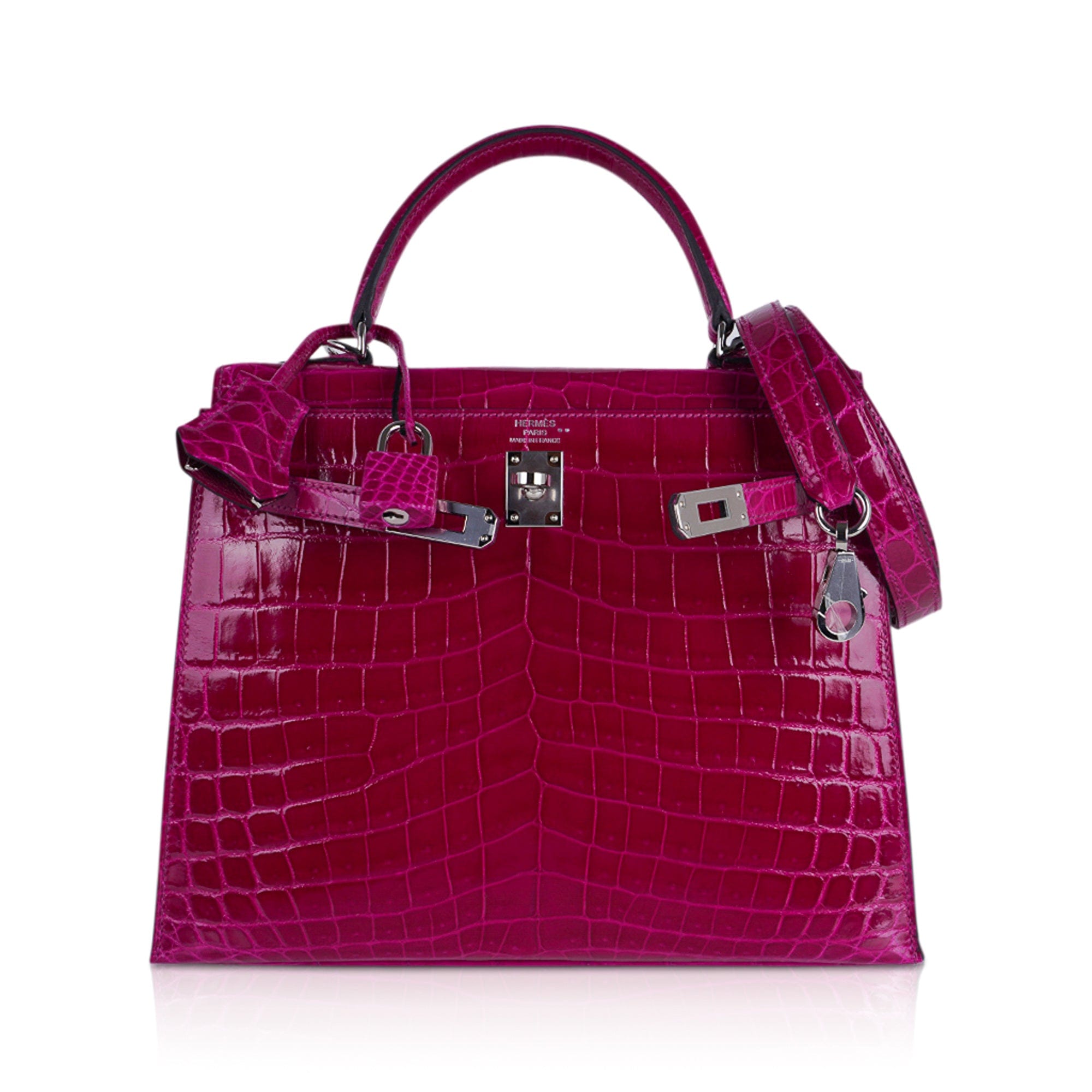 👜Kelly 25 Sellier Bag Rose Pourpre Crocodile with Palladium Hardware