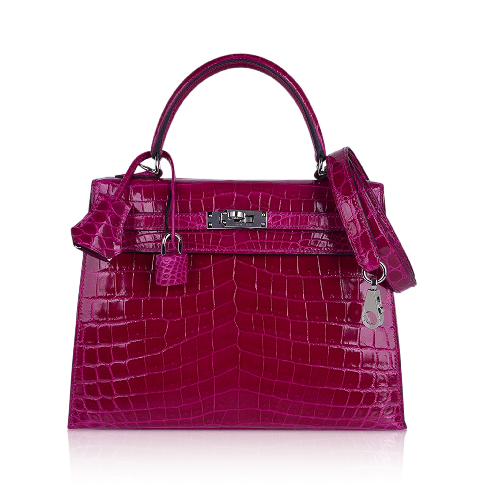 👜Kelly 25 Sellier Bag Rose Pourpre Crocodile with Palladium Hardware