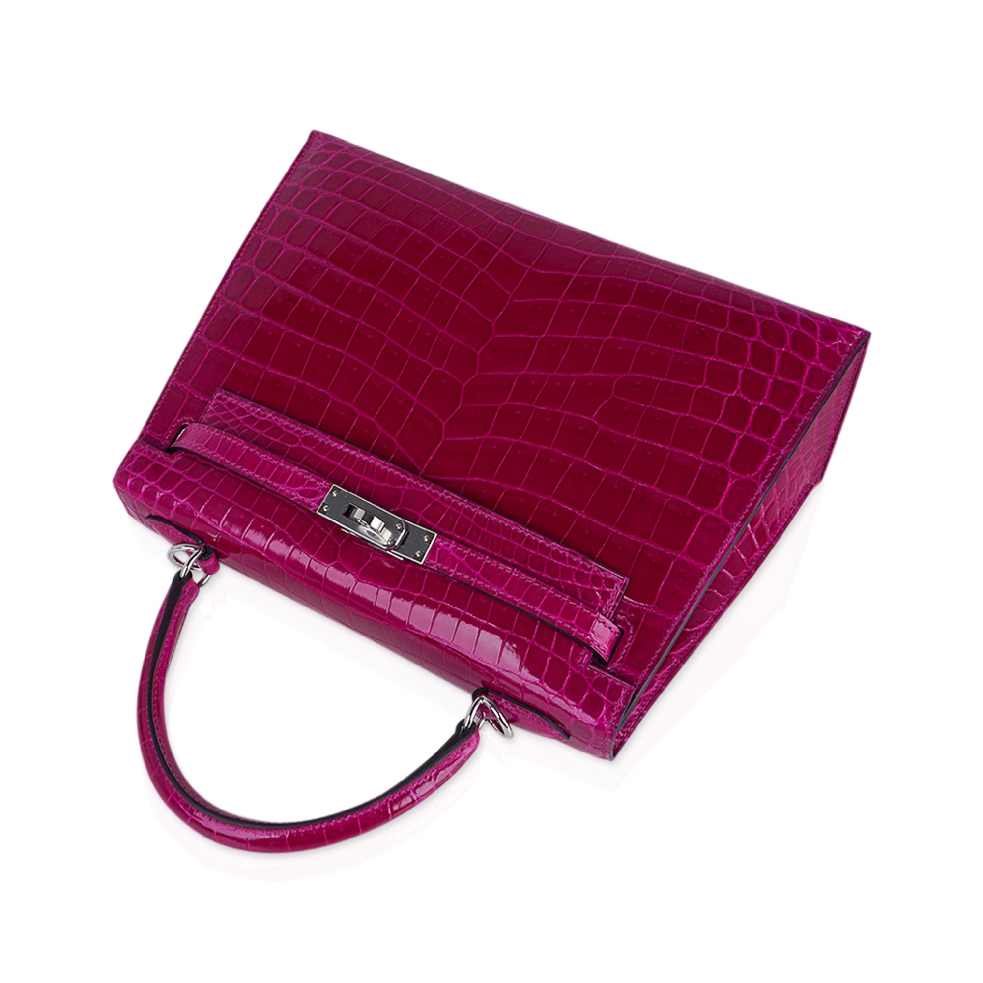 👜Kelly 25 Sellier Bag Rose Pourpre Crocodile with Palladium Hardware