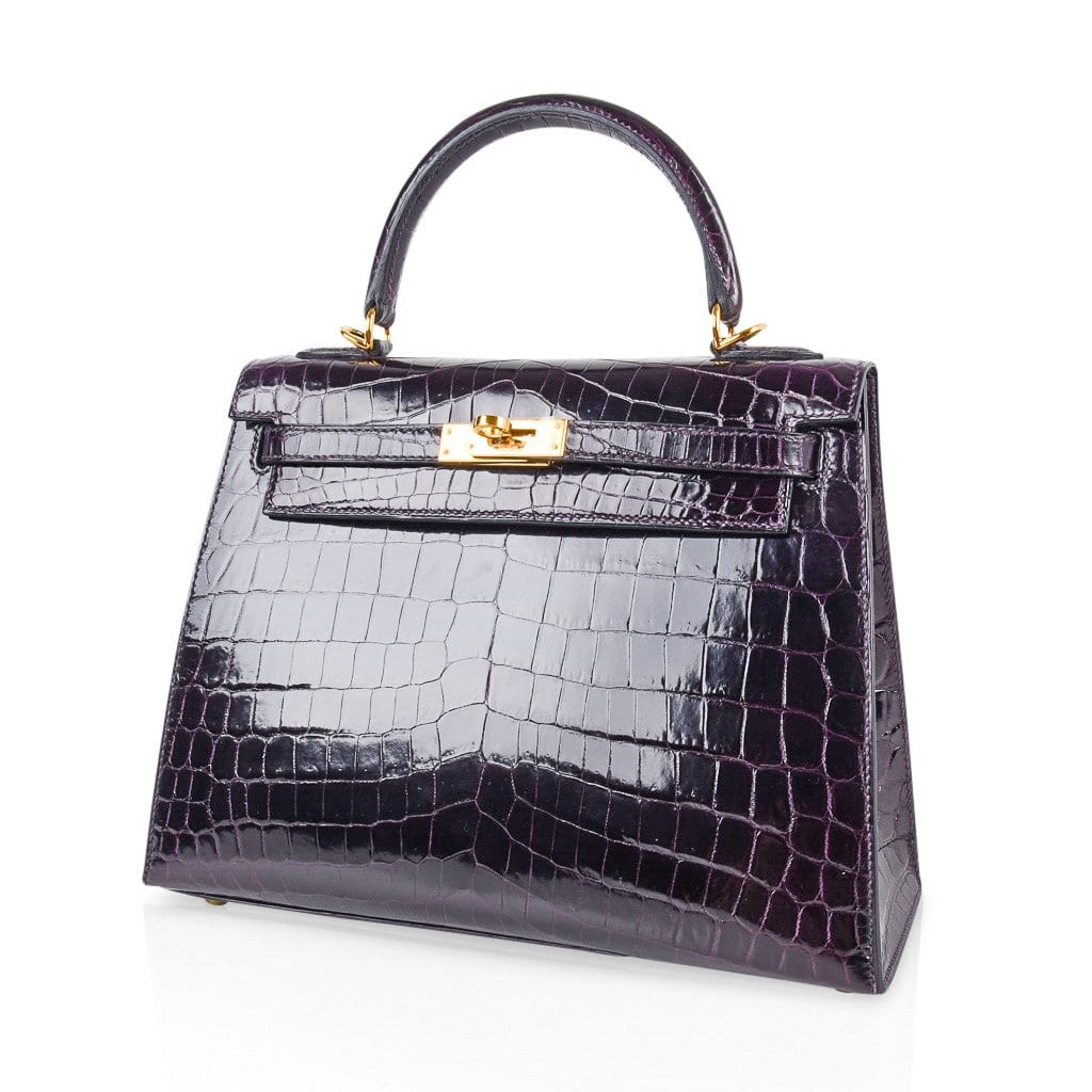👜Kelly 25 Bag Sellier Crocodile Prunoir Gold Hardware