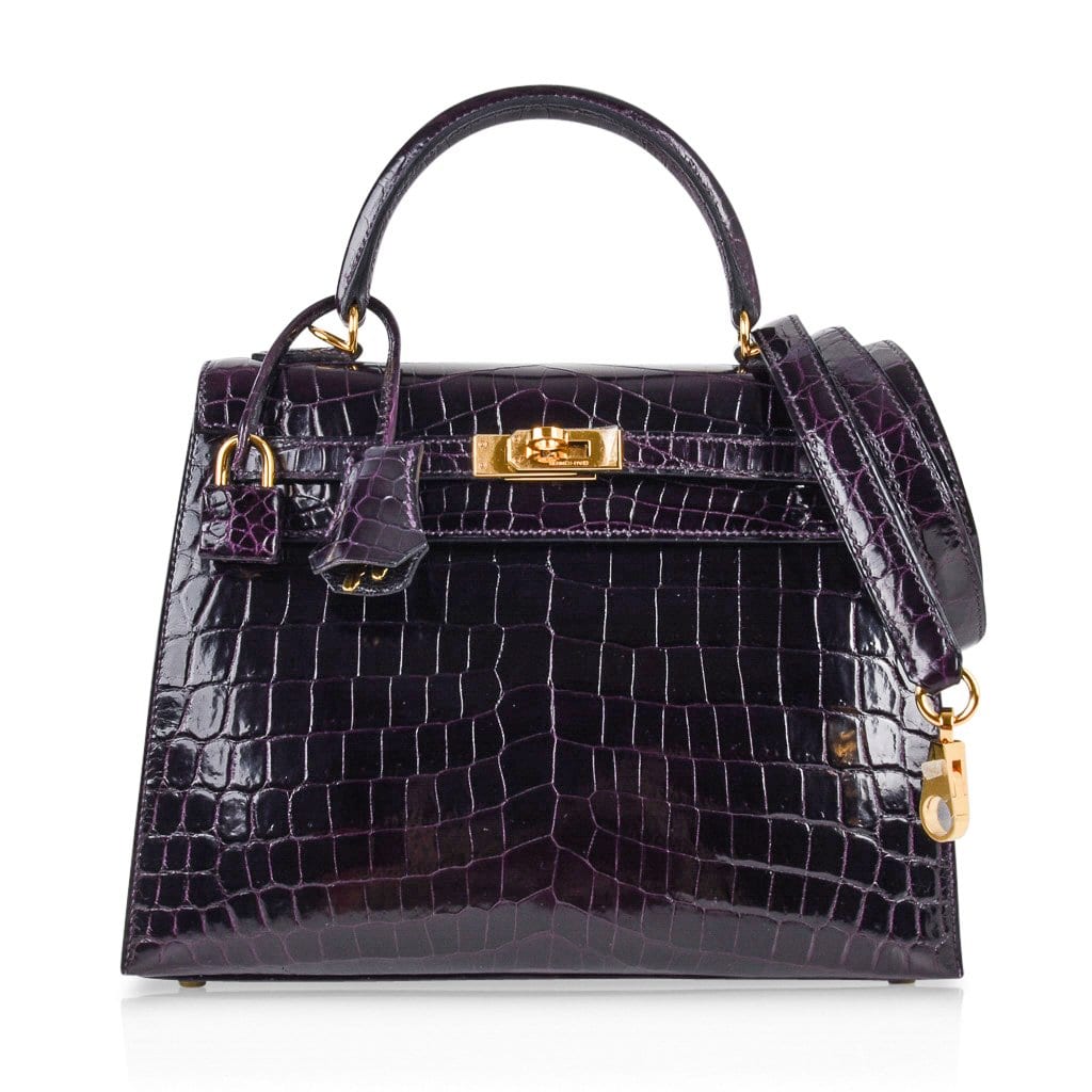 👜Kelly 25 Bag Sellier Crocodile Prunoir Gold Hardware
