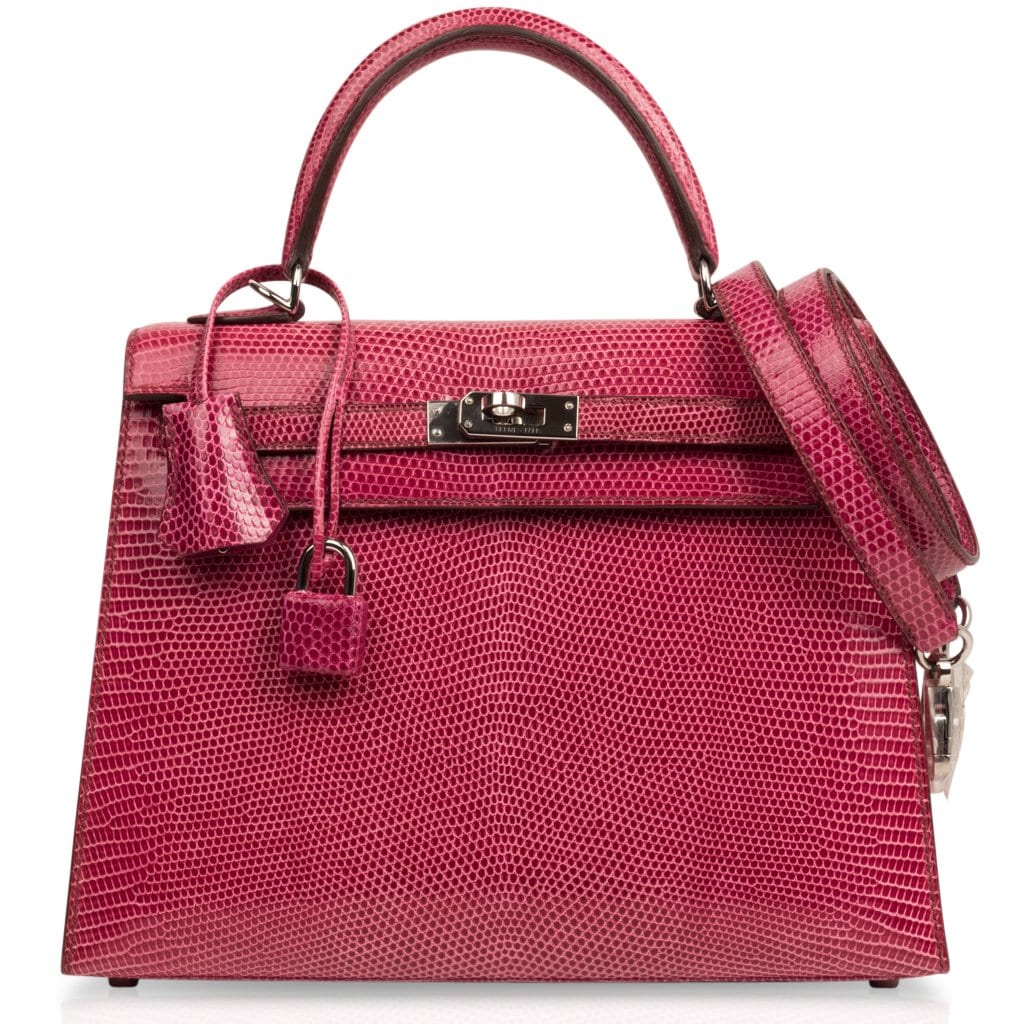 👜Kelly 25 Sellier Bag Fuschia Lizard with Palladium Hardware