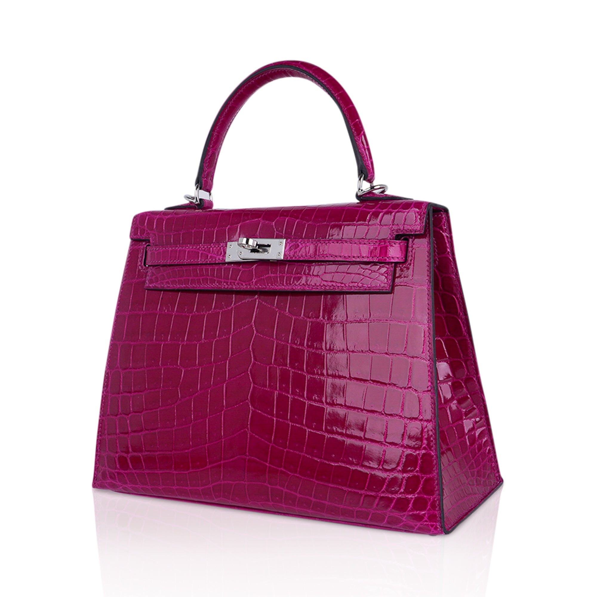 👜Kelly 25 Sellier Bag Rose Pourpre Crocodile with Palladium Hardware