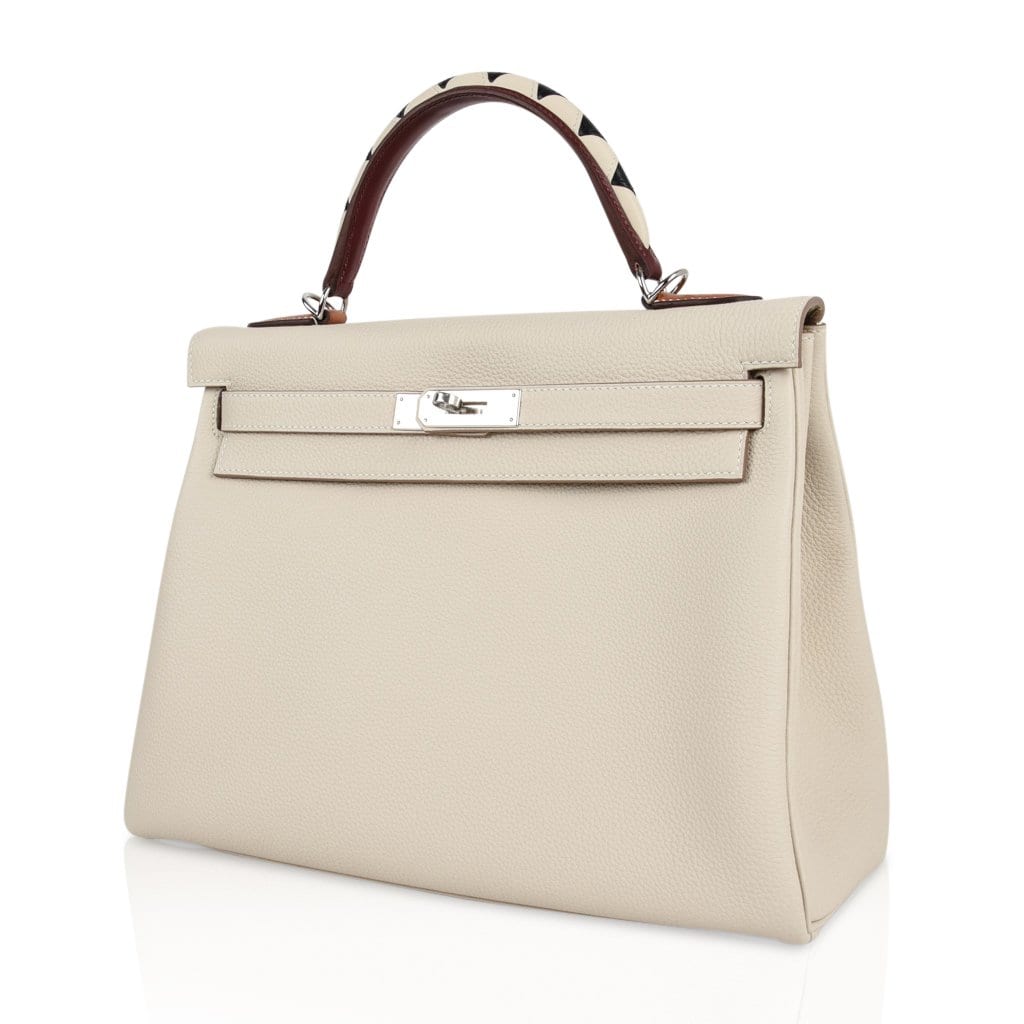👜Limited Edition Kelly 32 Retourne Bag Au Galop Craie Togo Leather with Palladium Hardware