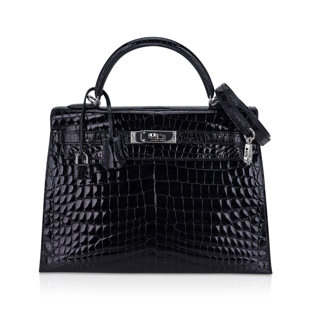 👜Kelly 32 Sellier Bag Black Crocodile with Palladium Hardware