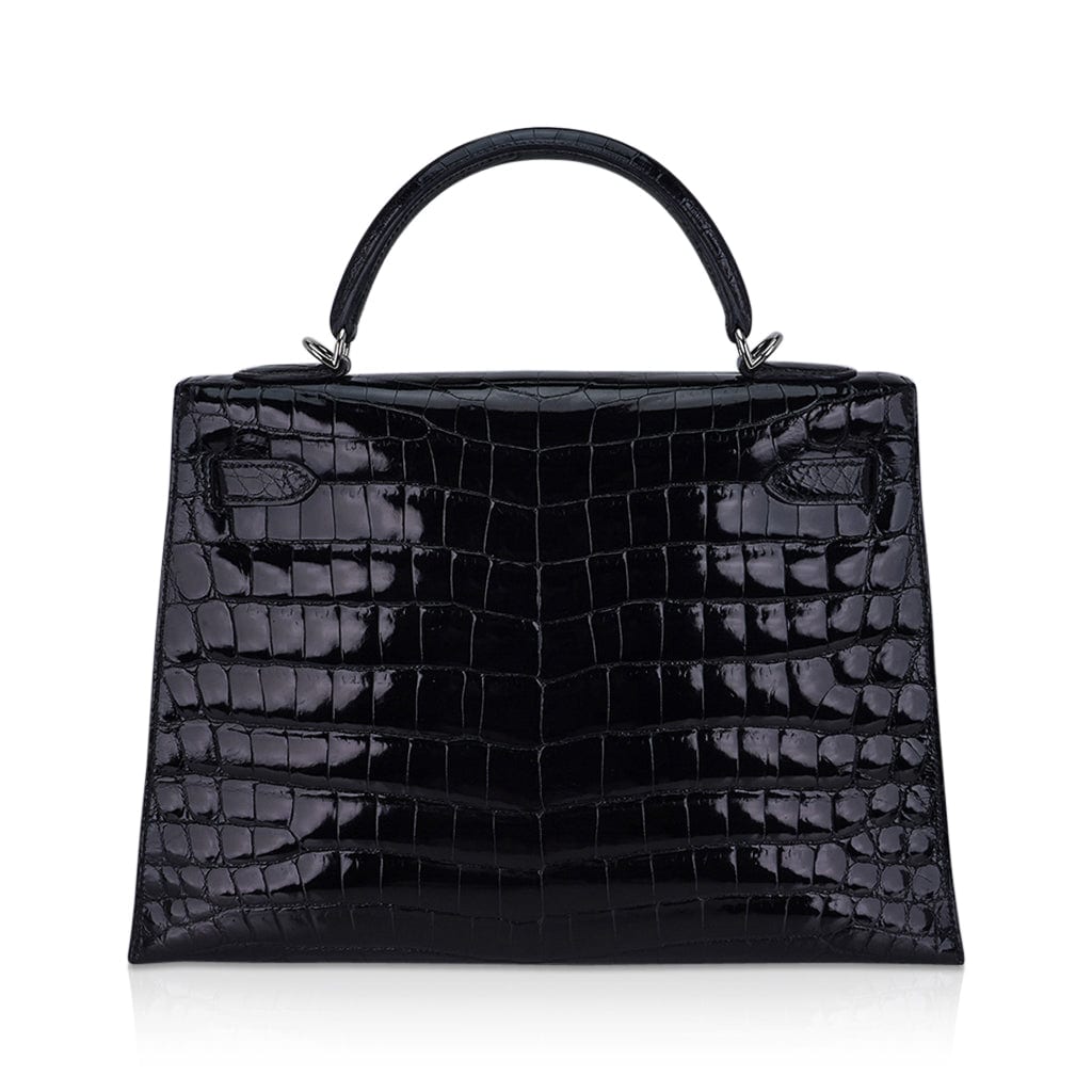 👜Kelly 32 Sellier Bag Black Crocodile with Palladium Hardware