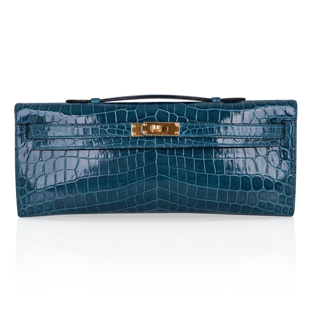 👜Kelly Cut Bag Blue Colvert Crocodile with Gold Hardware