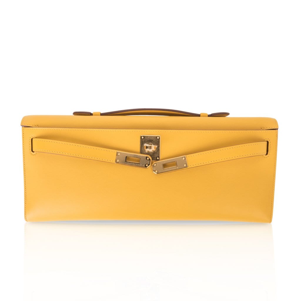 👜Kelly Cut Bag Jaune Ambre Clutch Swift Gold Hardware New