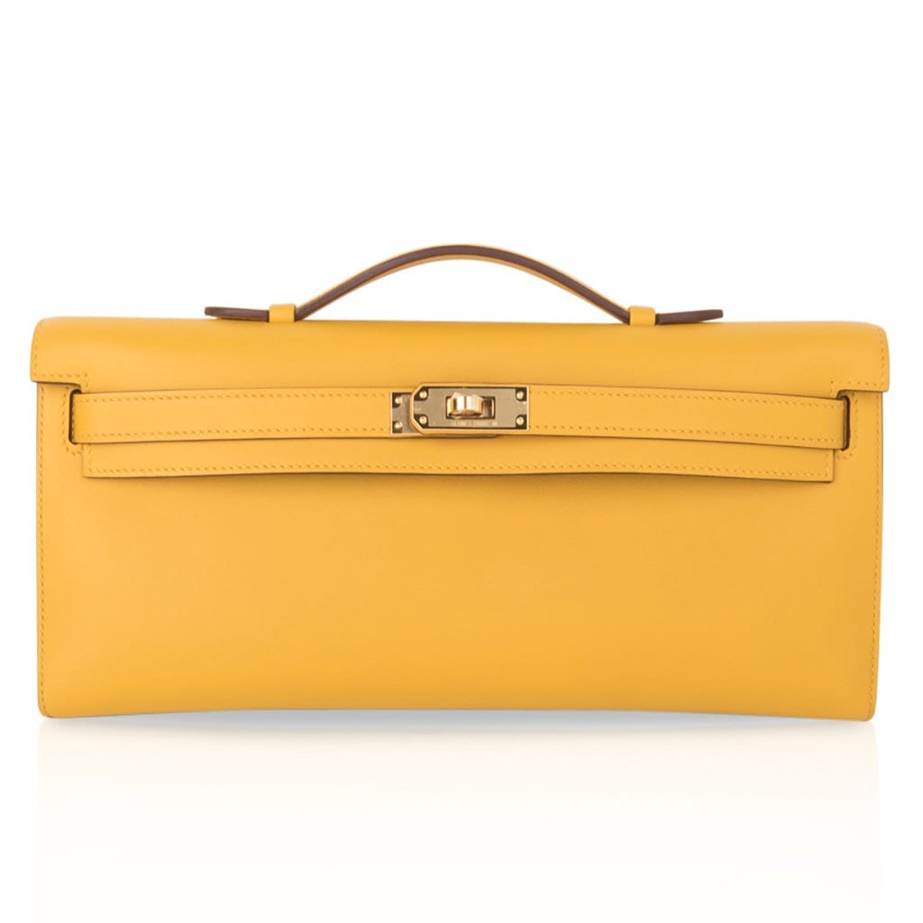 👜Kelly Cut Bag Jaune Ambre Clutch Swift Gold Hardware New