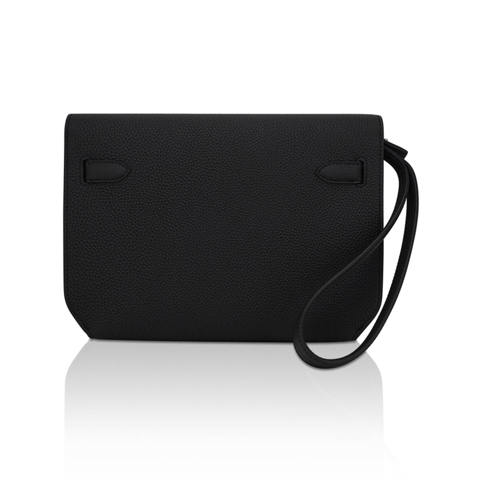 👜Kelly Depeches 25 Pouch Bag Black Galop D’Leather with Palladium Hardware