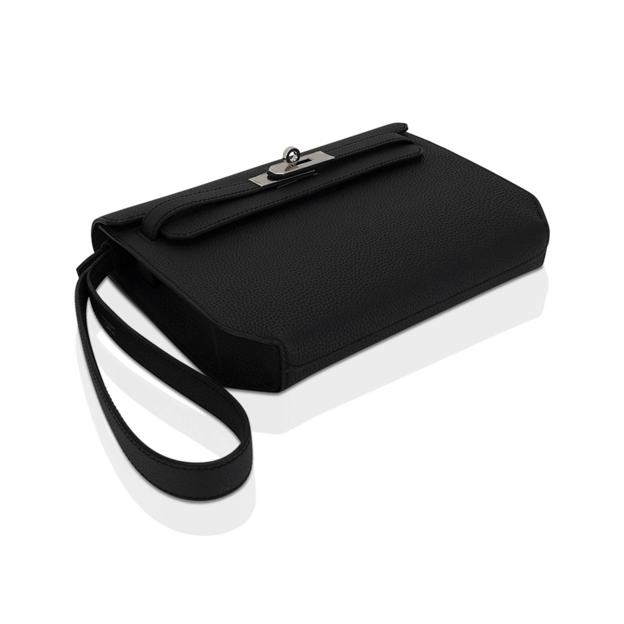 👜Kelly Depeches 25 Pouch Bag Black Galop D’Leather with Palladium Hardware