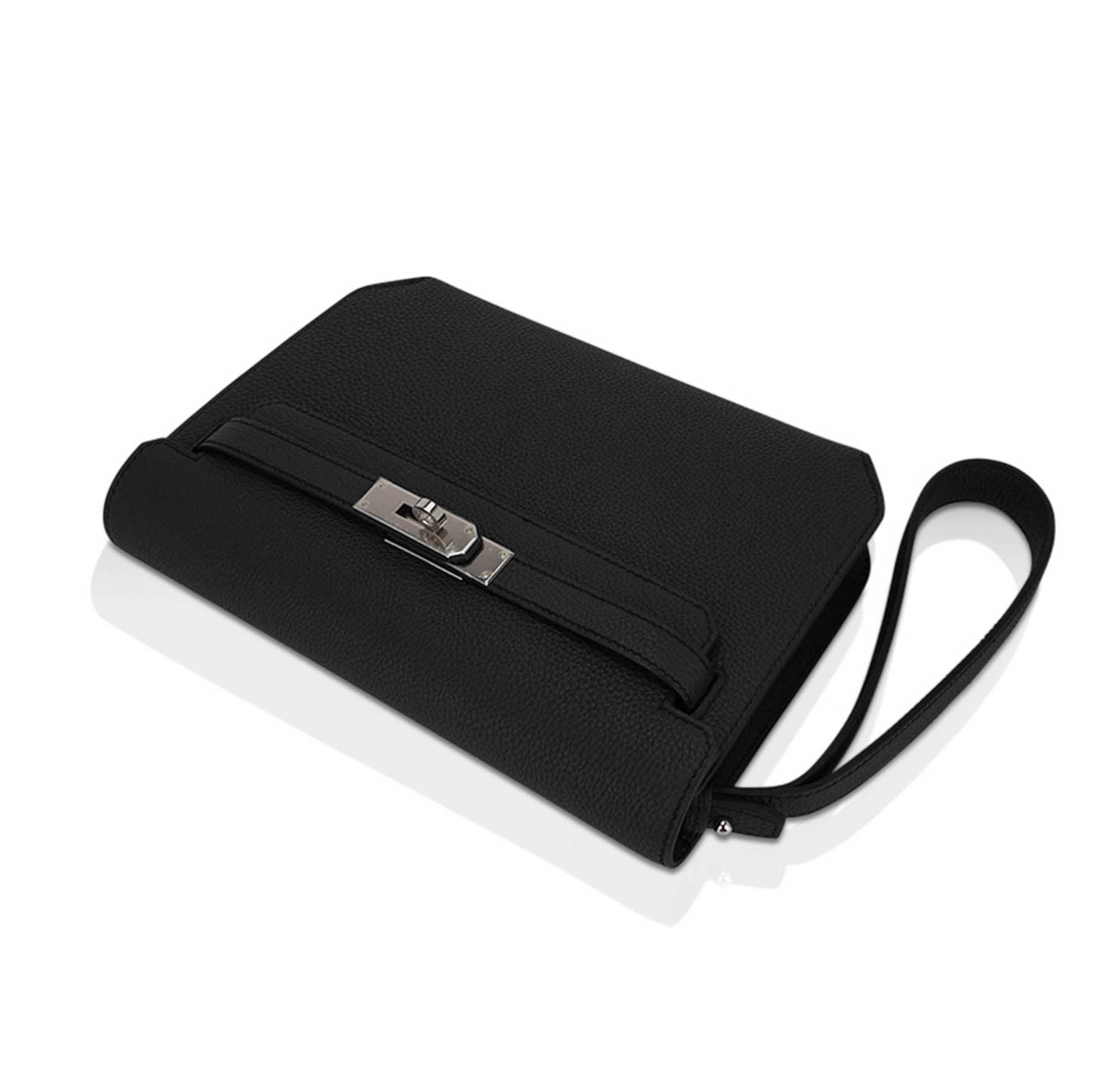 👜Kelly Depeches 25 Pouch Bag Black Galop D’Leather with Palladium Hardware