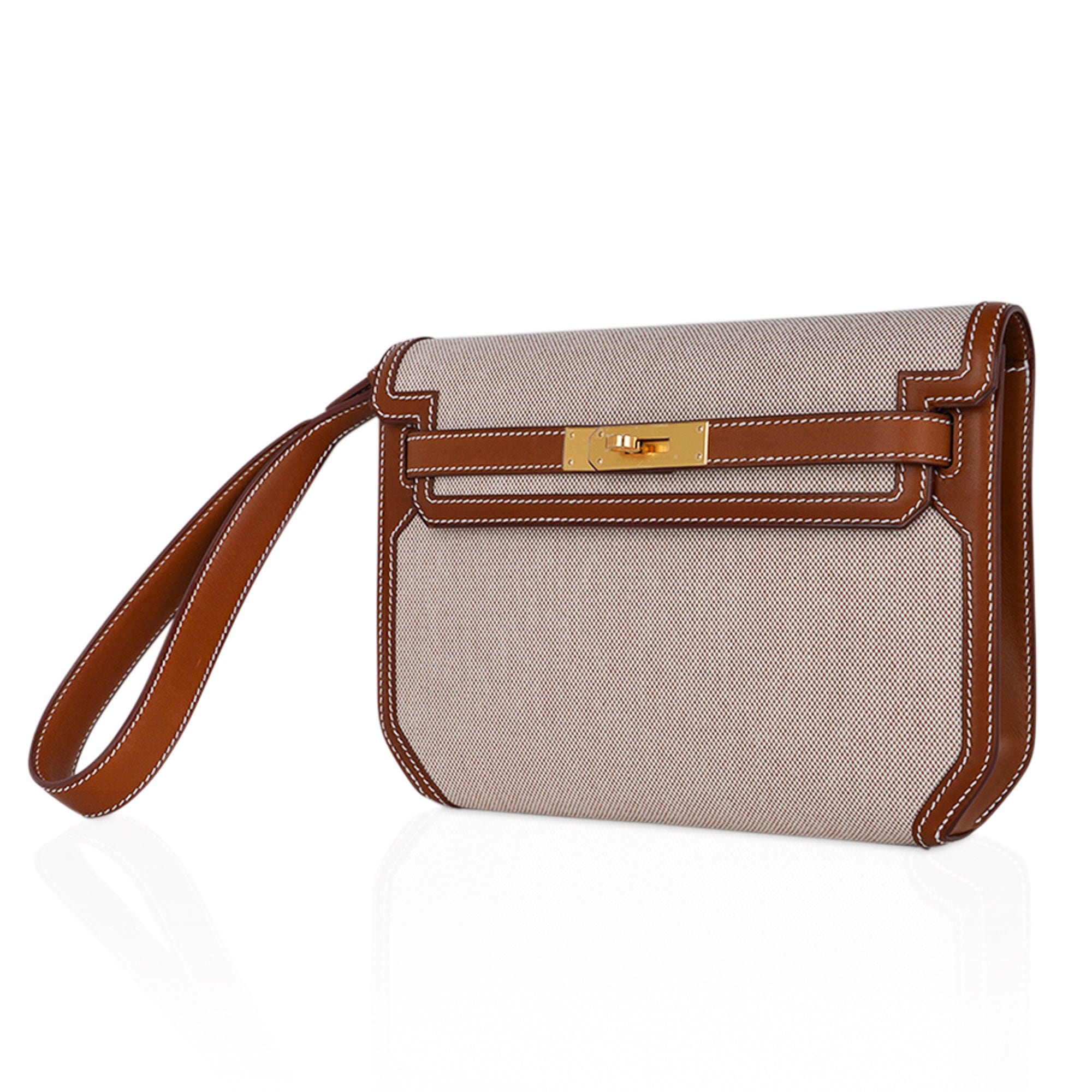 👜Kelly Depeches 25 Pouch Toile / Fauve Barenia Trim Gold Hardware