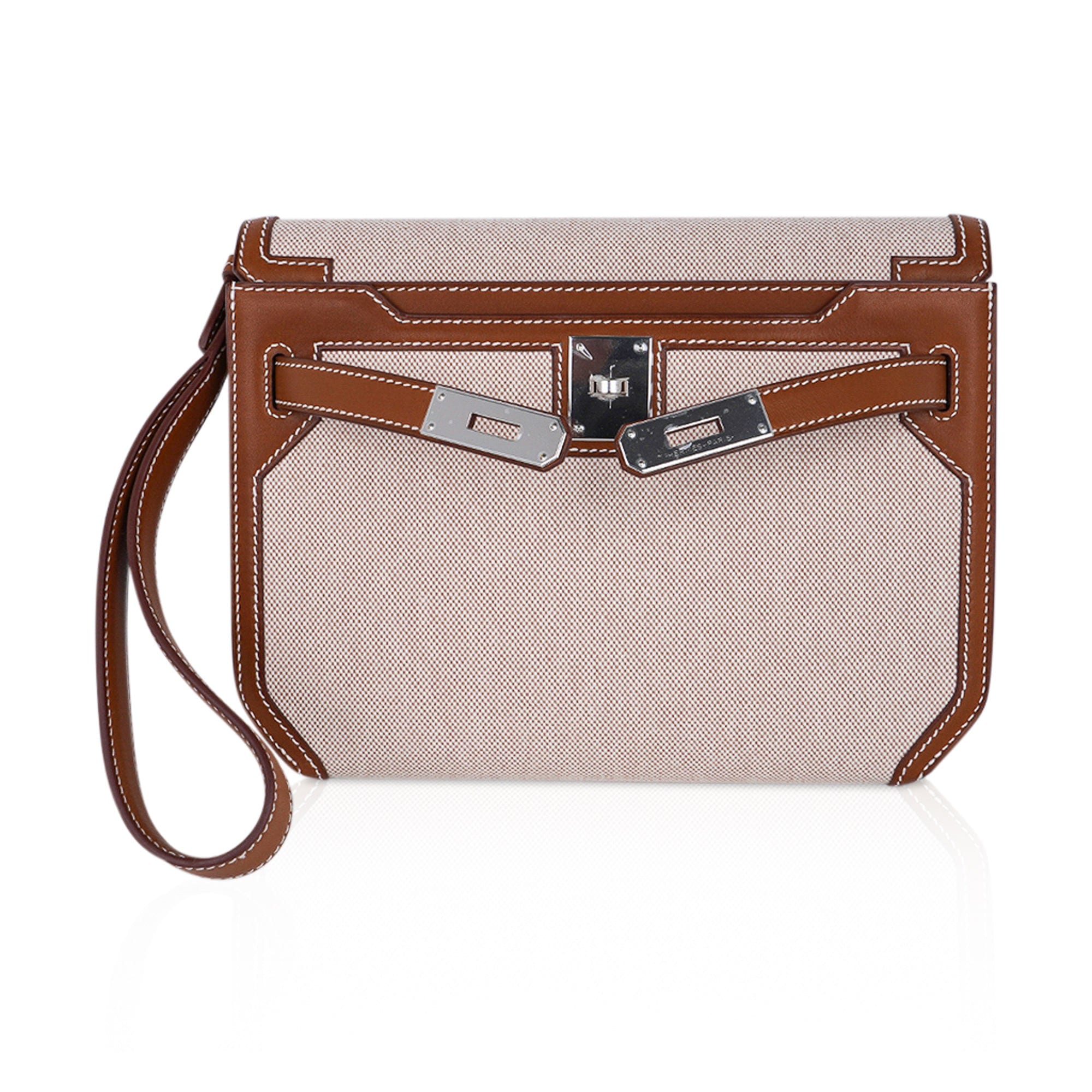 👜Kelly Depeches 25 Pouch Toile & Fauve Barenia Trim with Palladium Hardware