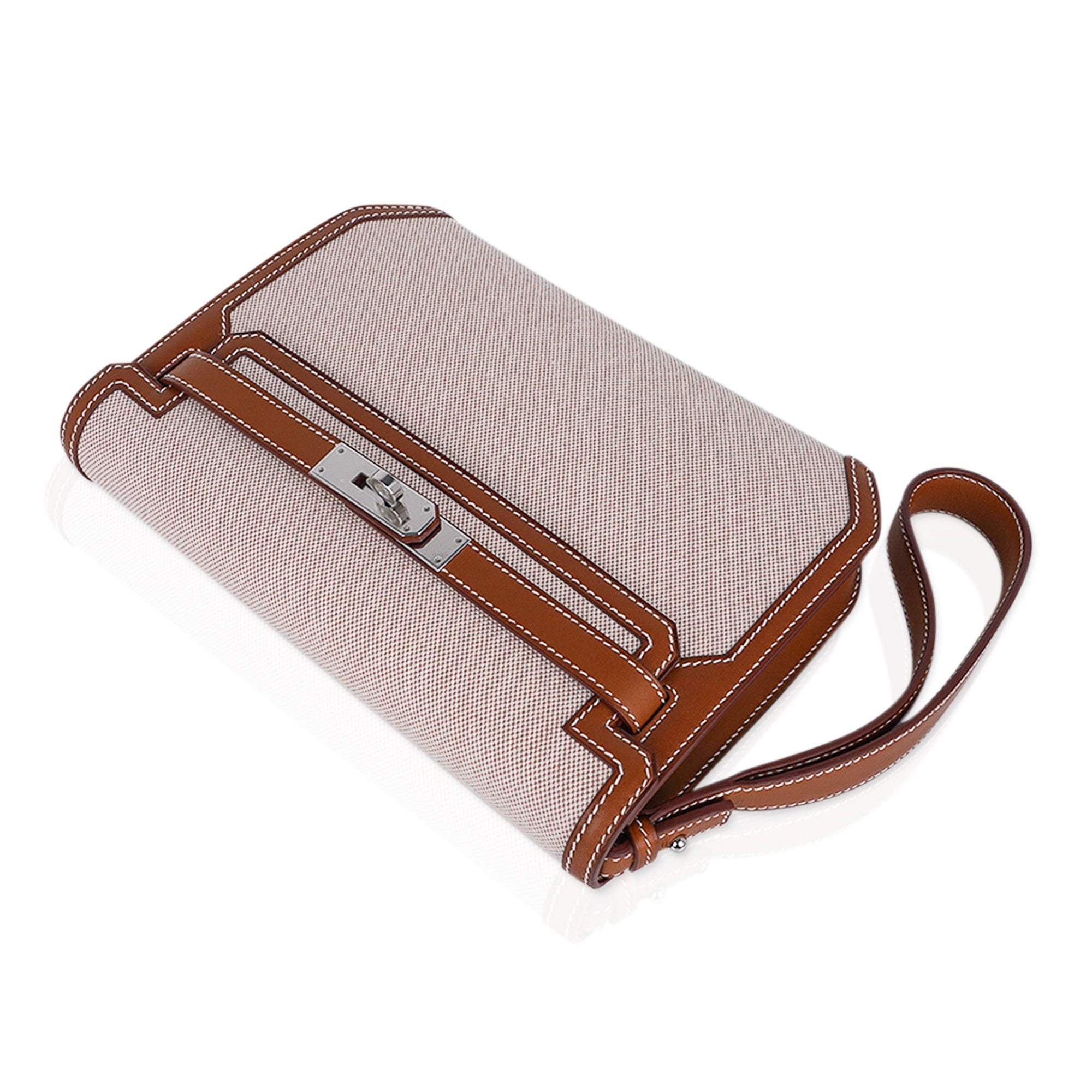 👜Kelly Depeches 25 Pouch Toile & Fauve Barenia Trim with Palladium Hardware