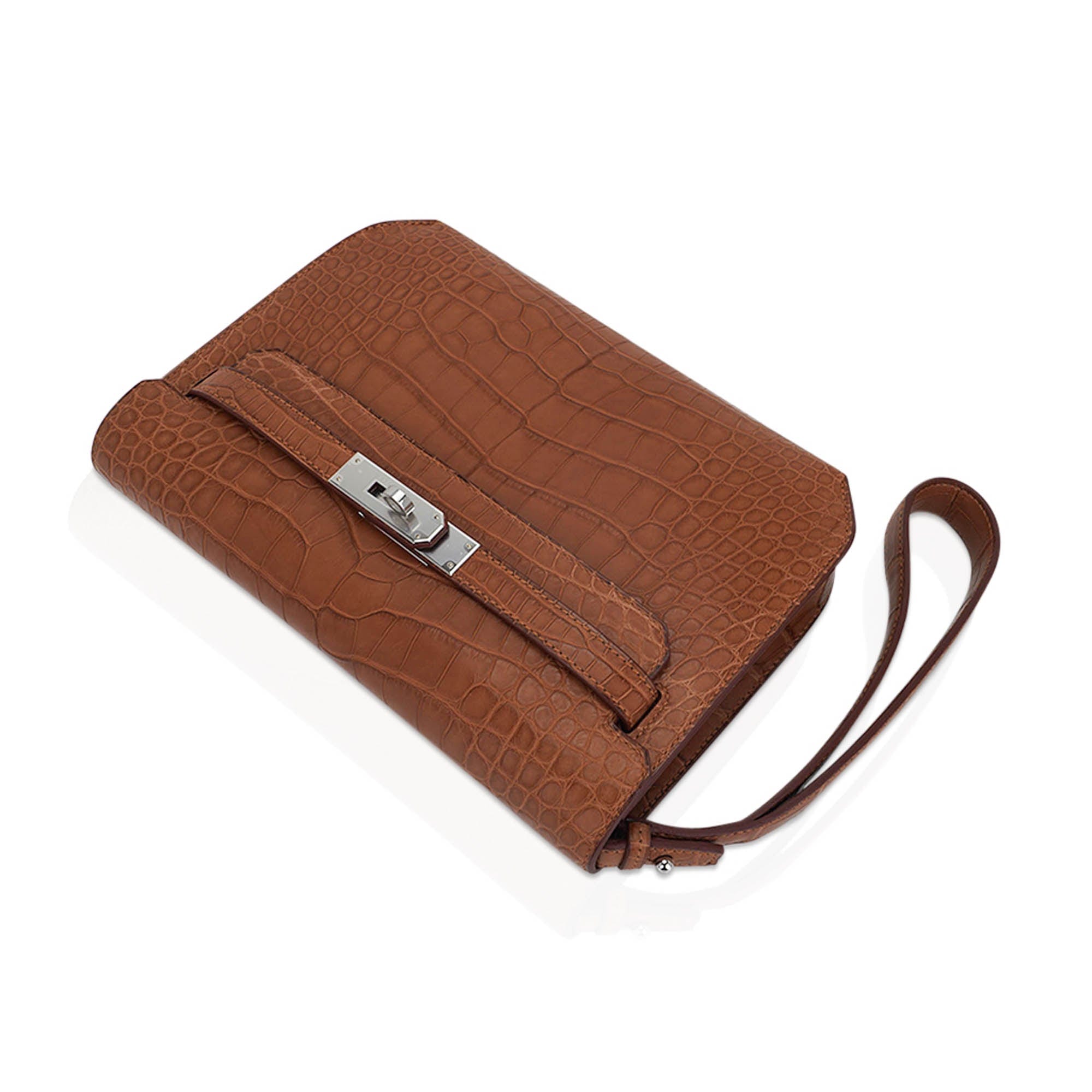 👜Kelly Depeches 25 Pouch Matte Gold Alligator with Palladium Hardware