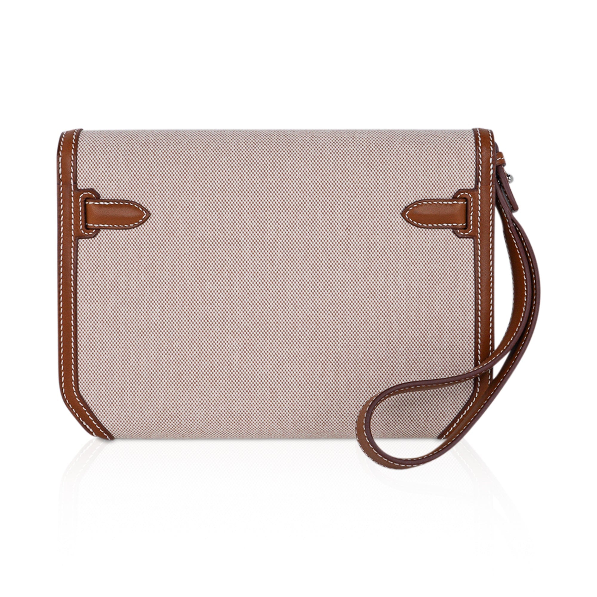 👜Kelly Depeches 25 Pouch Toile & Fauve Barenia Trim with Palladium Hardware