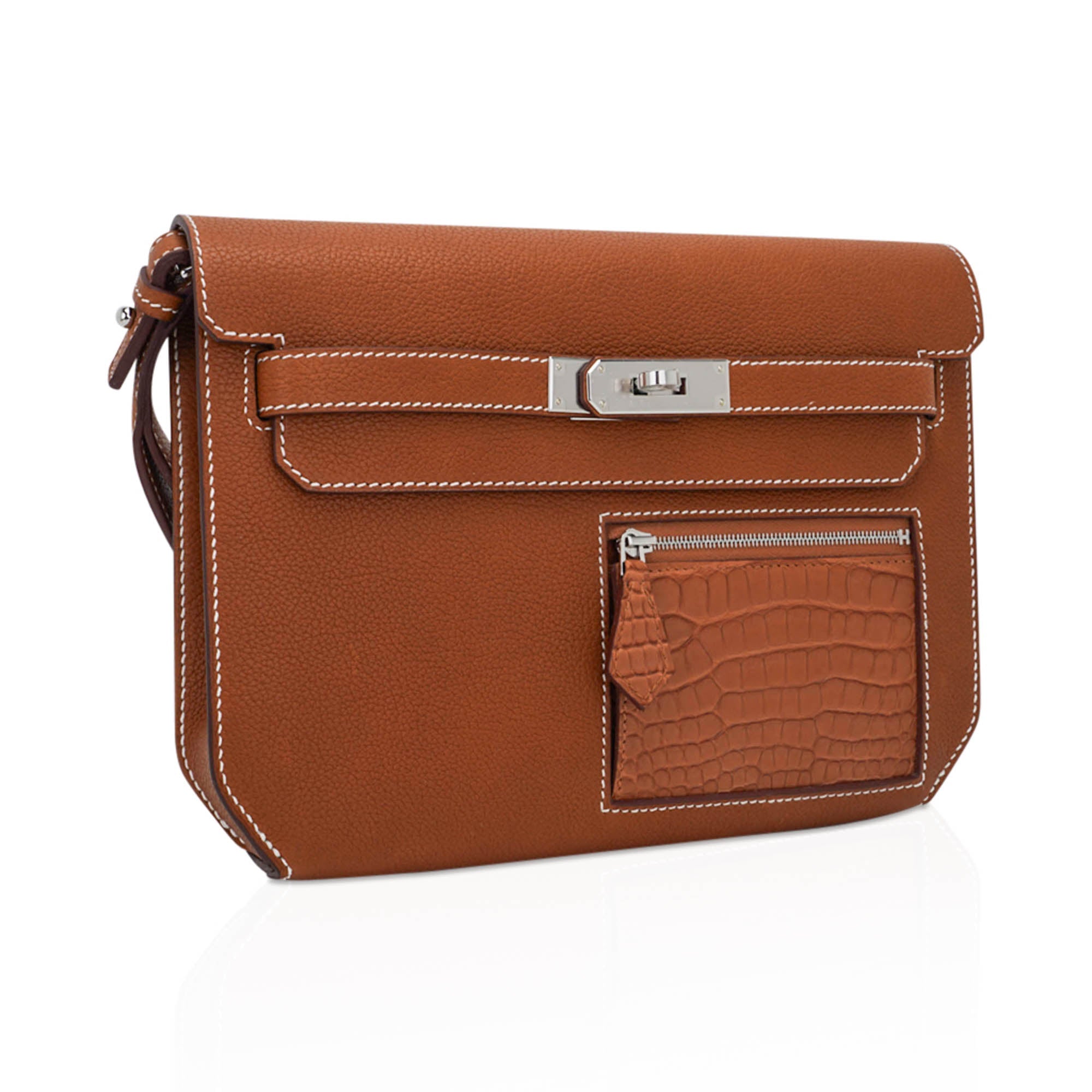 👜Kelly Depeches Touch Pouch 25 Bag Fauve Barenia Faubourg Leather and Gold Matte Alligator with Palladium Hardware
