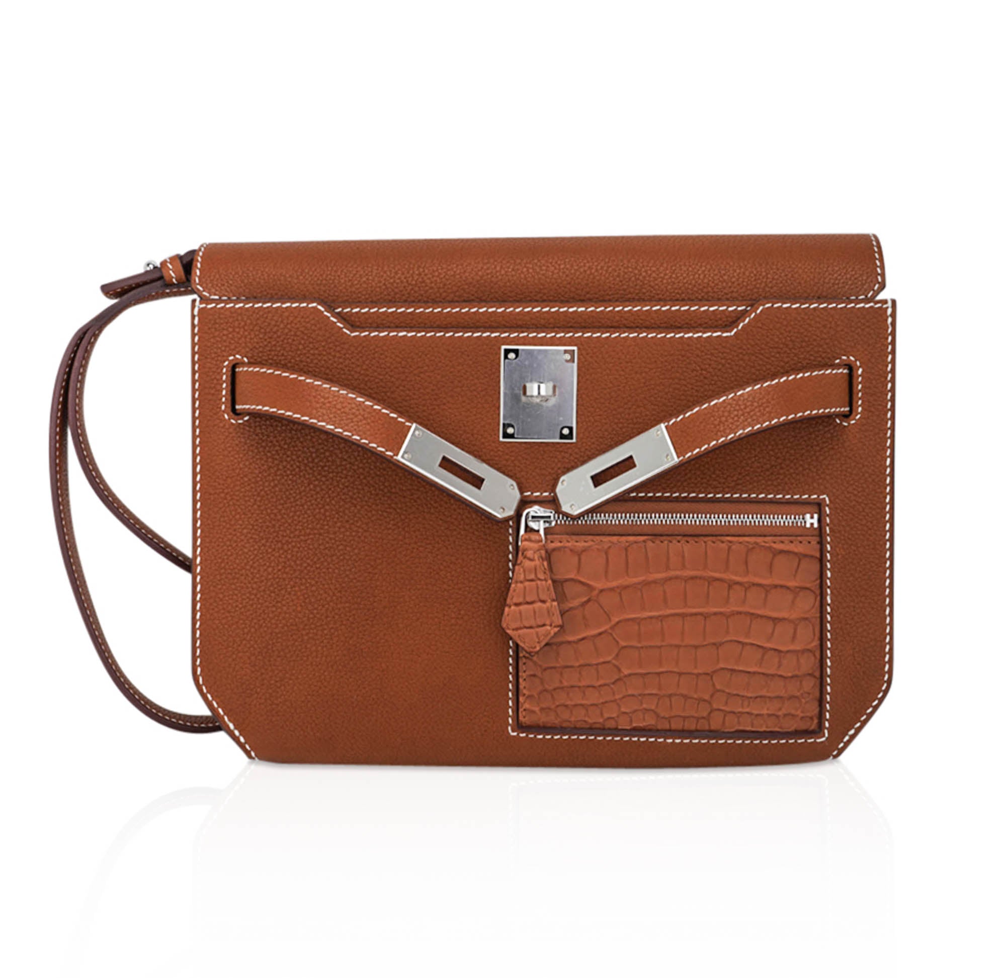 👜Kelly Depeches Touch Pouch 25 Bag Fauve Barenia Faubourg Leather and Gold Matte Alligator with Palladium Hardware