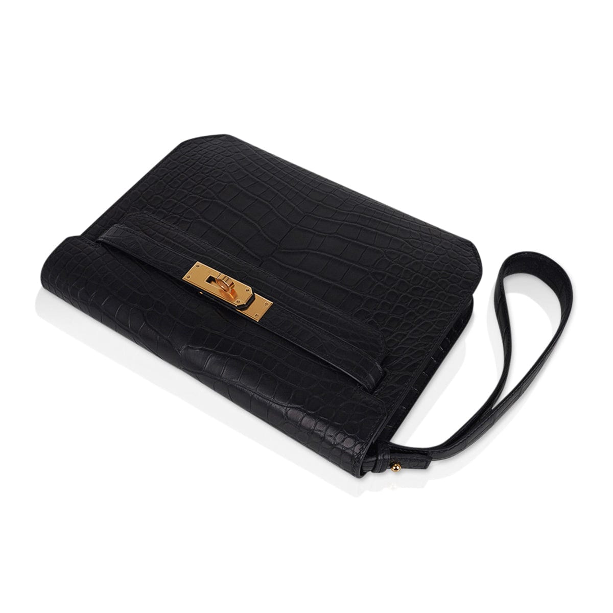 👜Kelly Depeches 25 Pouch Black Matte Alligator Gold Hardware New