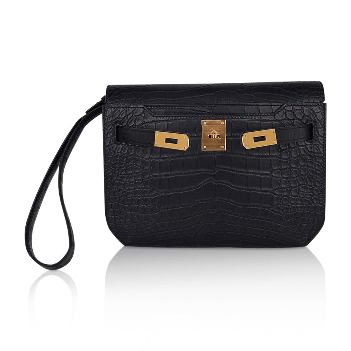 👜Kelly Depeches 25 Pouch Black Matte Alligator Gold Hardware New
