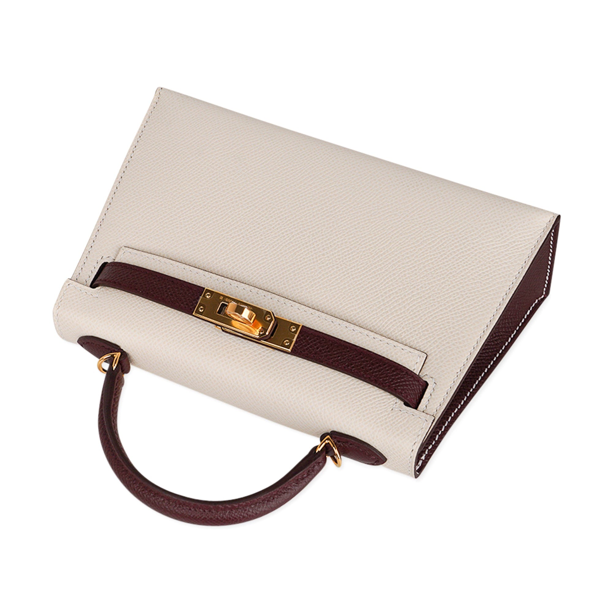 👜Special Order HSS Mini Kelly 20 Sellier Bag Nata & Bordeaux Epsom Leather with Gold Hardware