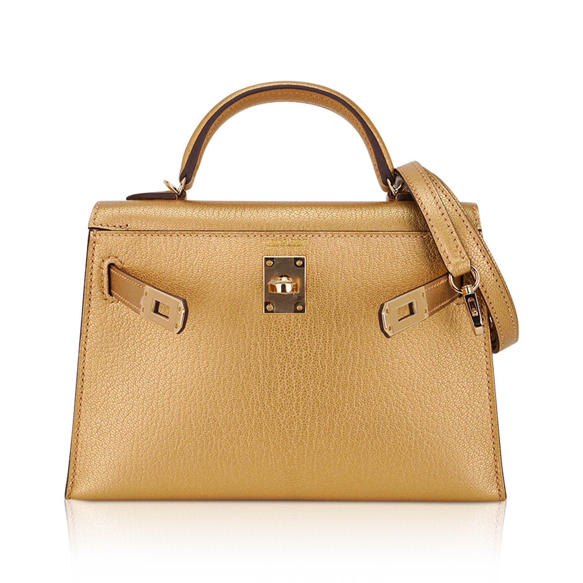 👜Kelly Sellier 20 Metallic Dore Chevre Chamkilight Permabrass Hardware