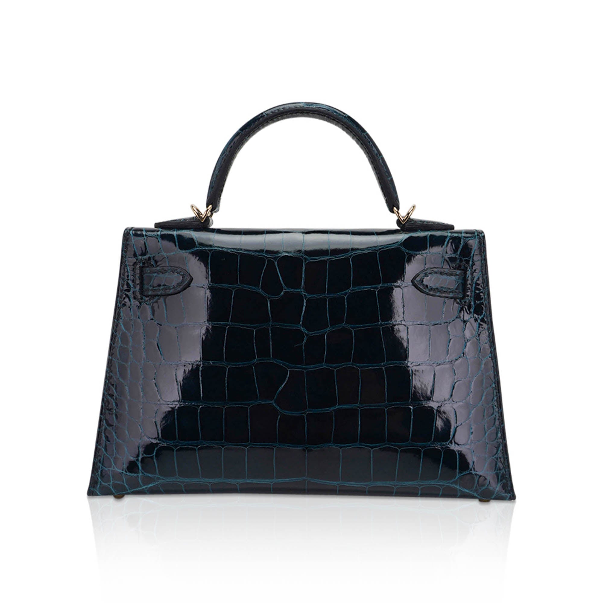 👜Limited Edition Verso Mini Kelly 20 Sellier Bag Vert Rousseau & Blue Paon Alligator with Permabrass Hardware