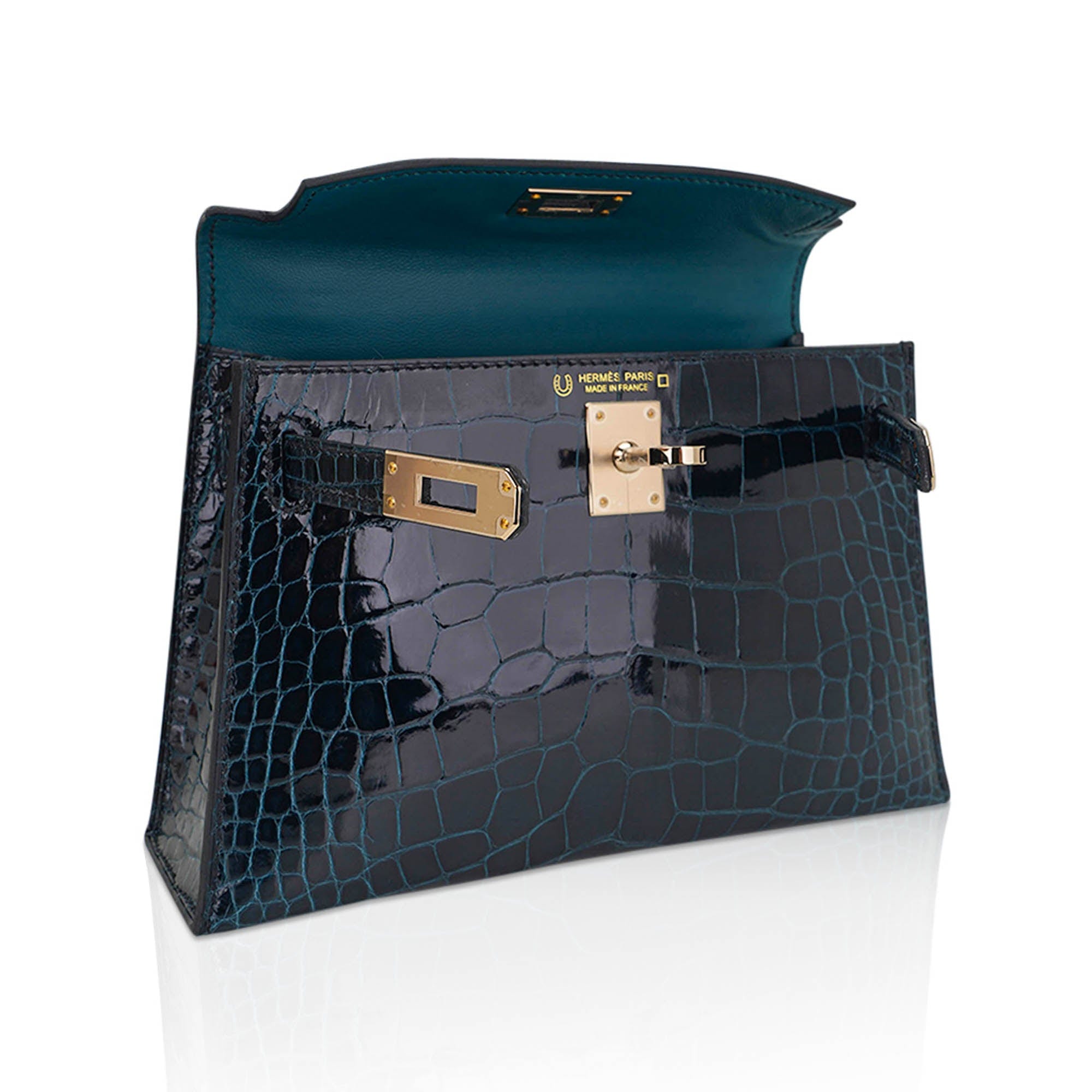 👜Limited Edition Verso Mini Kelly 20 Sellier Bag Vert Rousseau & Blue Paon Alligator with Permabrass Hardware