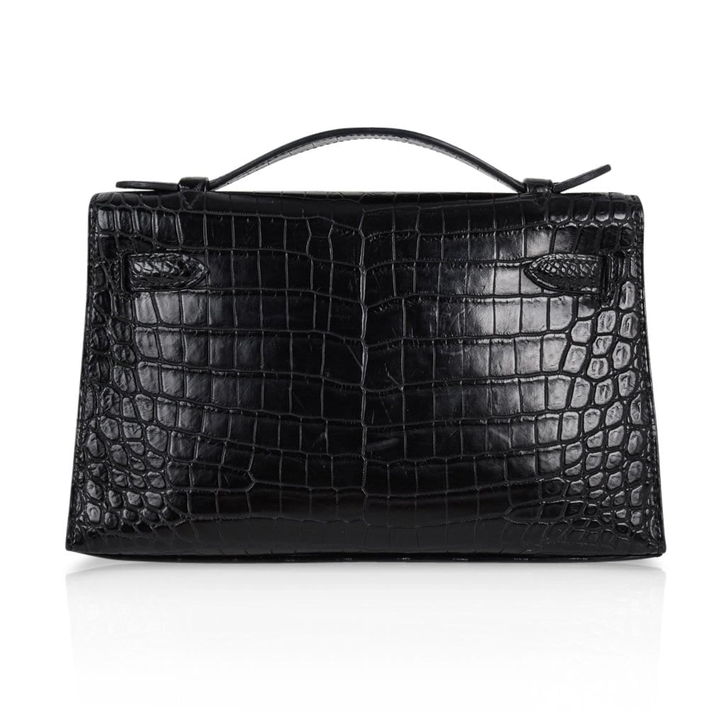 👜Kelly Pochette Bag Matte Black Crocodile Clutch Palladium
