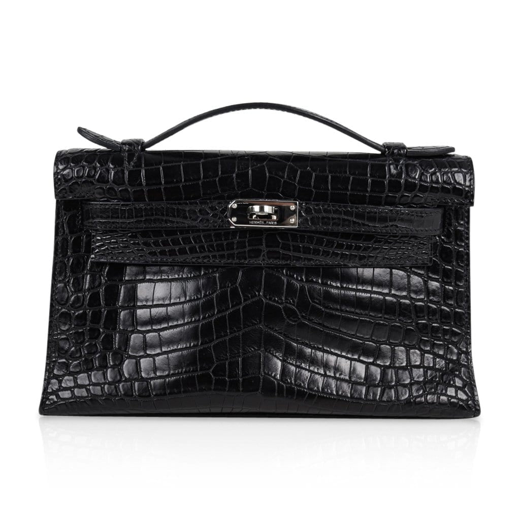 👜Kelly Pochette Bag Matte Black Crocodile Clutch Palladium