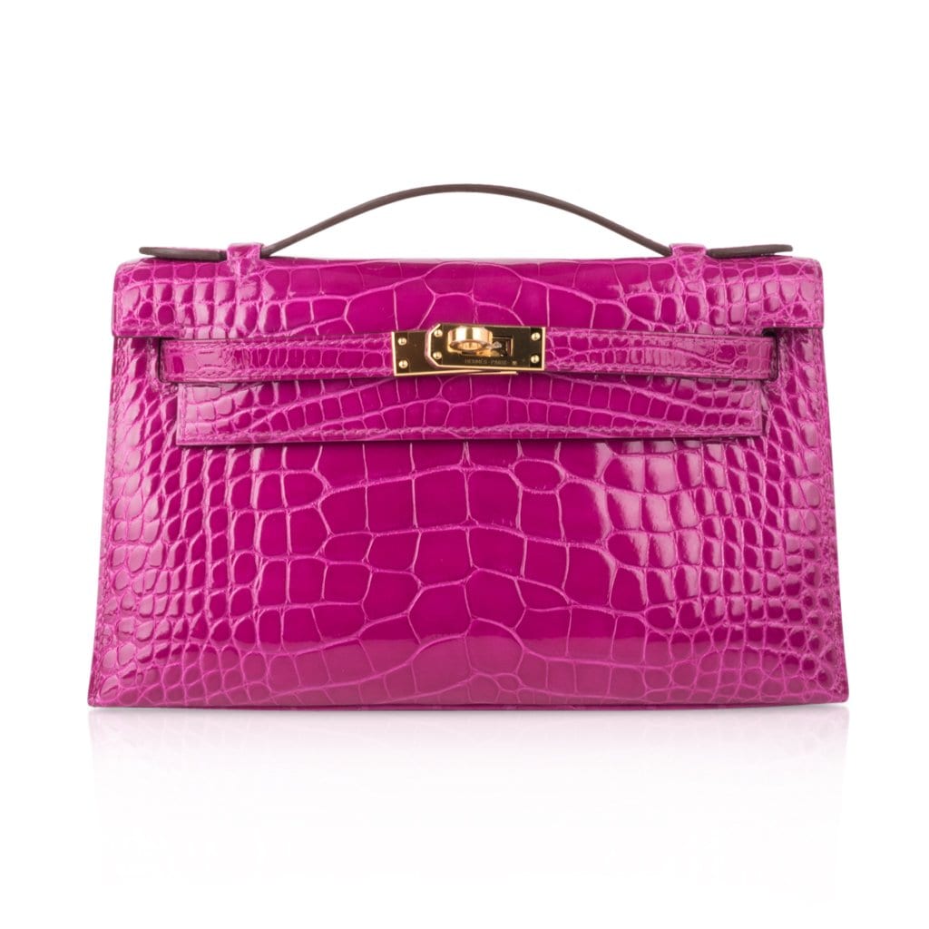 👜Kelly Pochette Clutch Bag Rose Scheherazade Pink Alligator Gold Hardware