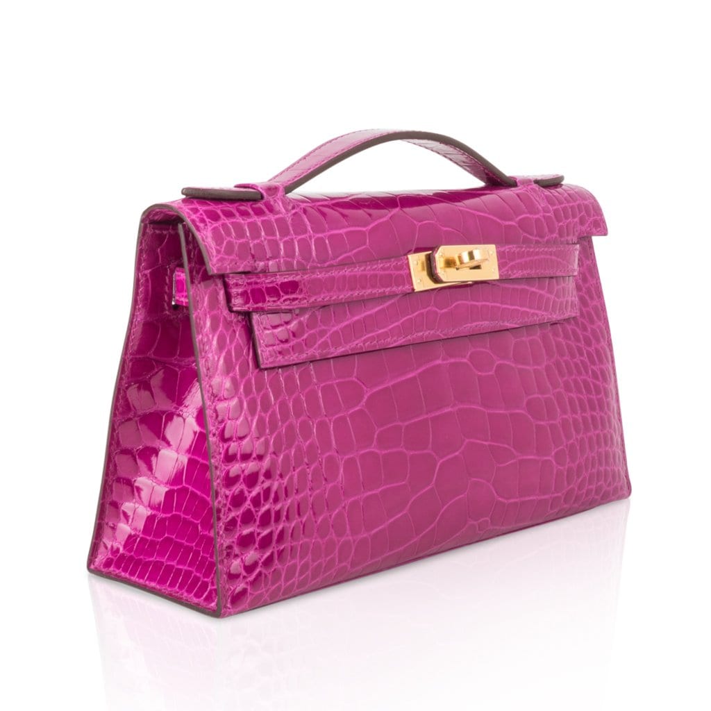 👜Kelly Pochette Clutch Bag Rose Scheherazade Pink Alligator Gold Hardware