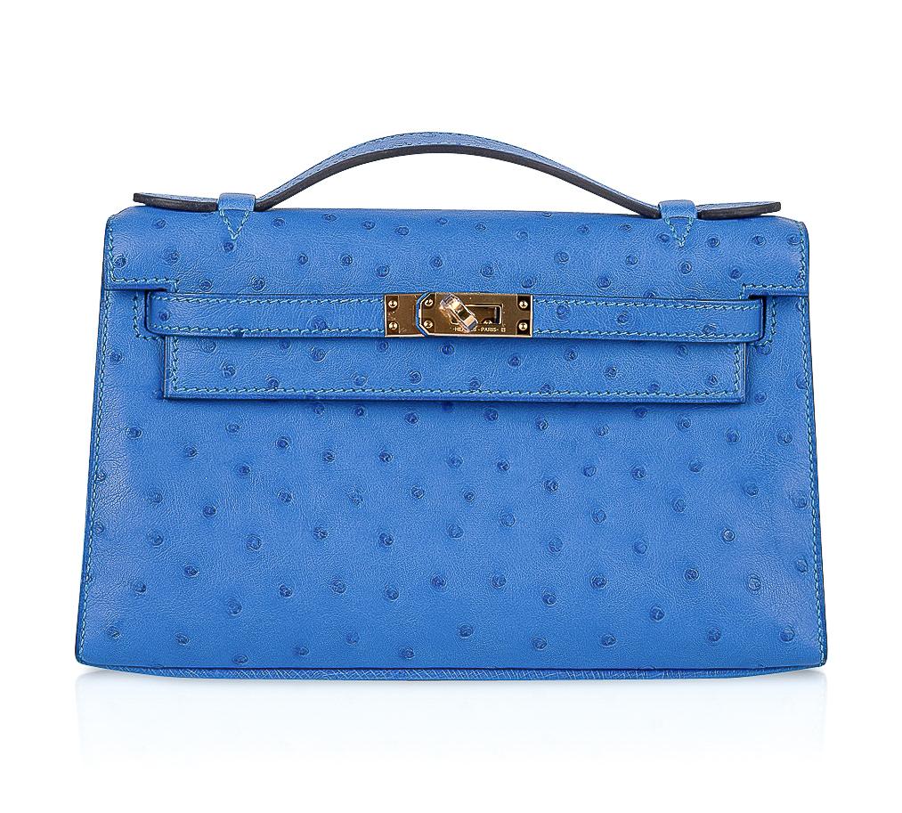 👜Kelly Pochette Bag Bleuet Ostrich Clutch Gold Hardware