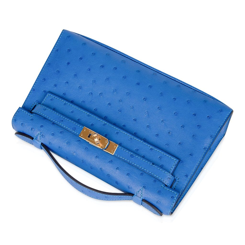 👜Kelly Pochette Bag Bleuet Ostrich Clutch Gold Hardware