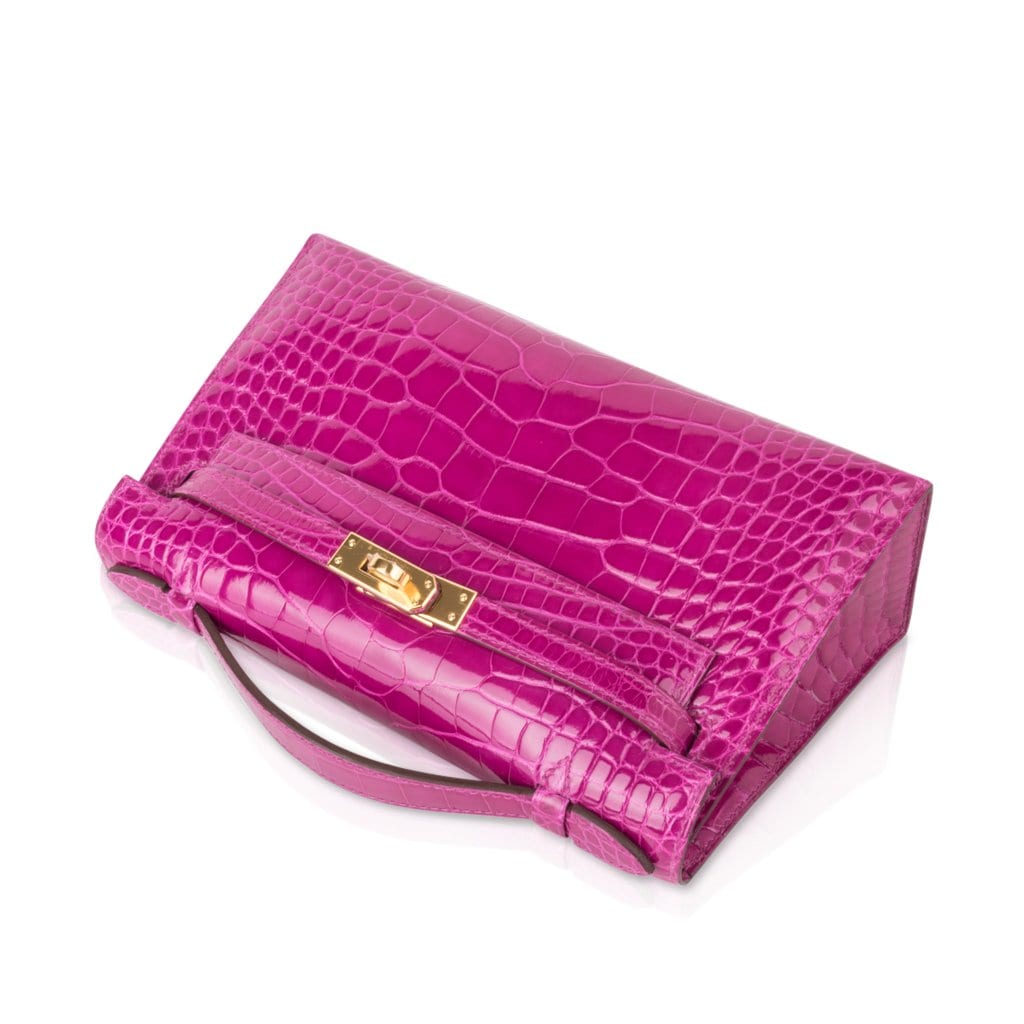 👜Kelly Pochette Clutch Bag Rose Scheherazade Pink Alligator Gold Hardware
