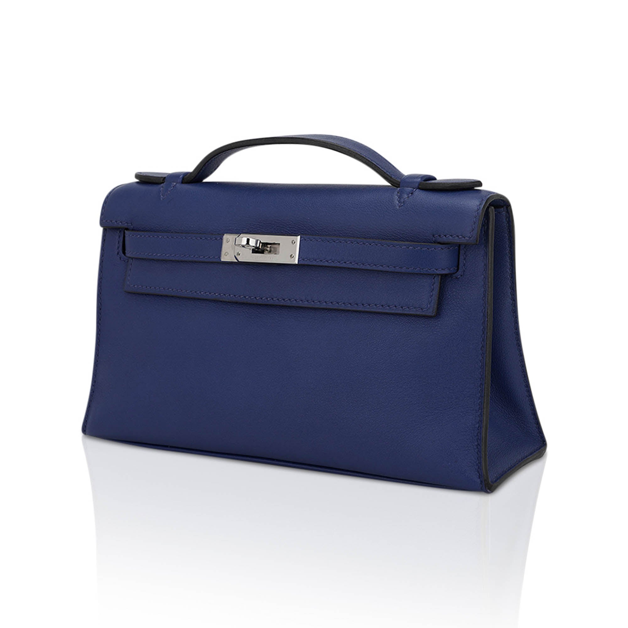 👜Kelly Pochette Clutch Bag Blue Sapphire Swift Leather with Palladium Hardware