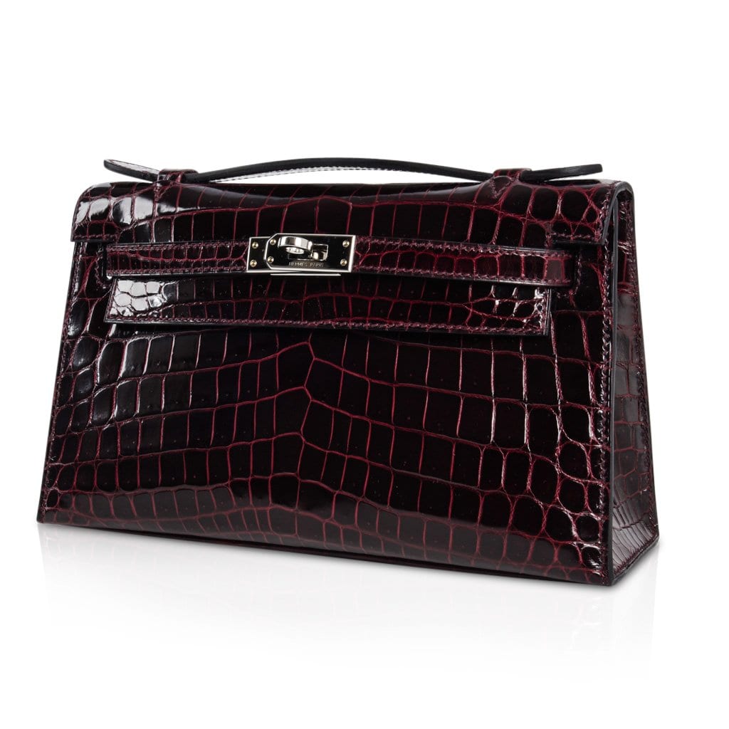 👜Kelly Pochette Clutch Bag Bordeaux Crocodile Jewel Toned Palladium
