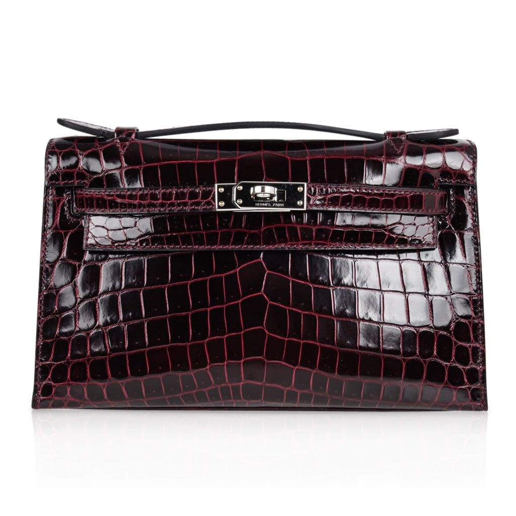 👜Kelly Pochette Clutch Bag Bordeaux Crocodile Jewel Toned Palladium