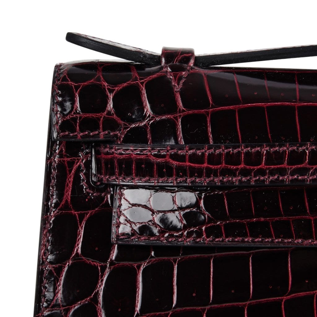 👜Kelly Pochette Clutch Bag Bordeaux Crocodile Jewel Toned Palladium