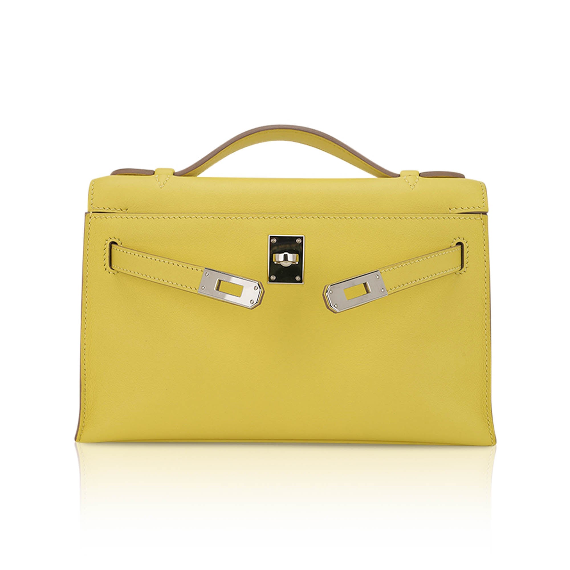 👜Kelly Pochette Clutch Bag Jaune De Naples Swift Leather with Palladium Hardware