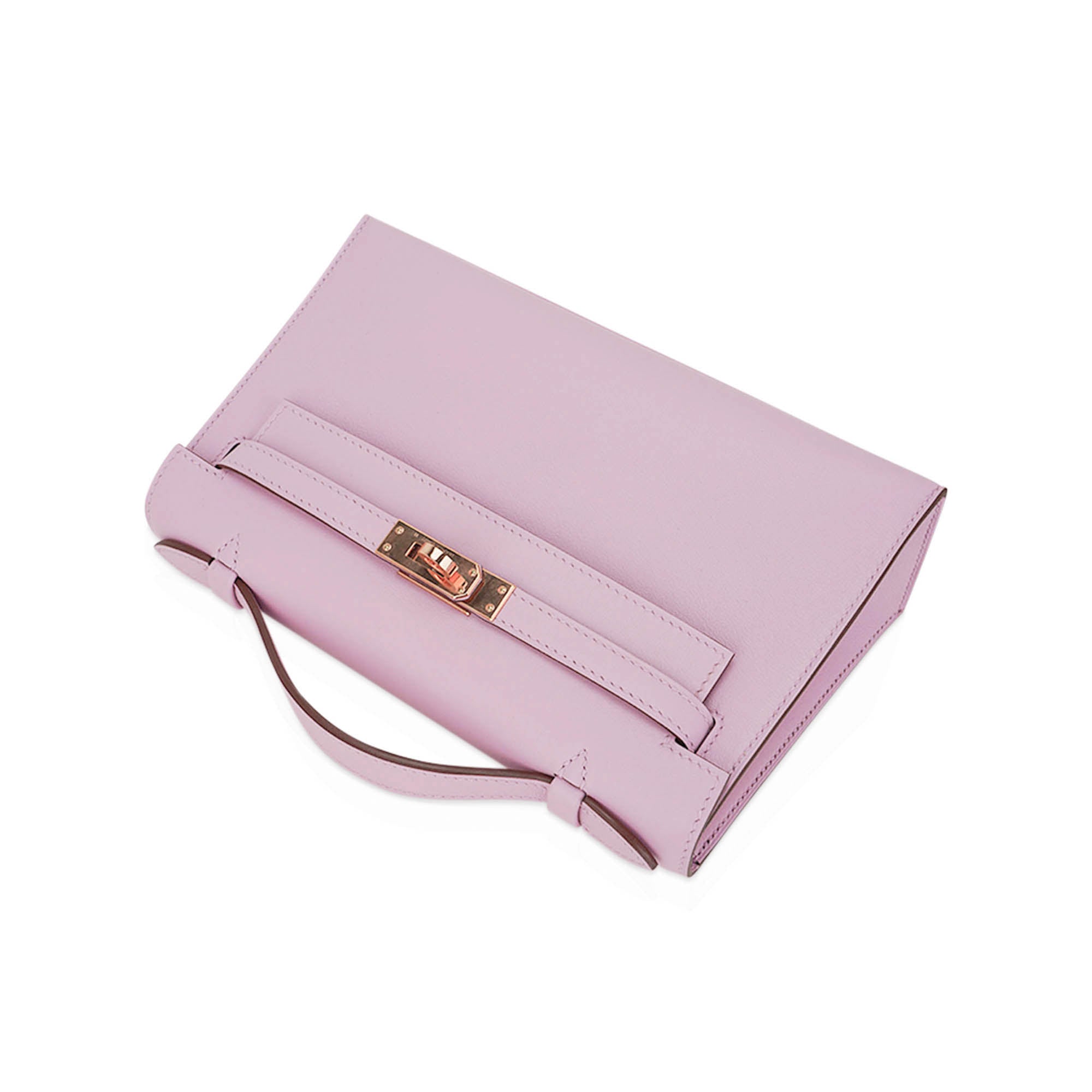 👜Kelly Pochette Clutch Bag Mauve Sylvestre Swift Leather with Rose Gold Hardware